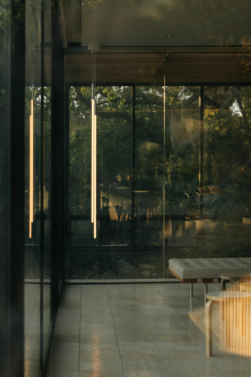 Modern interior by Amanda Gunawan, featuring large glass windows, minimalist bench seating, and vertical lights. Outdoor greenery is beautifully framed through the windows.