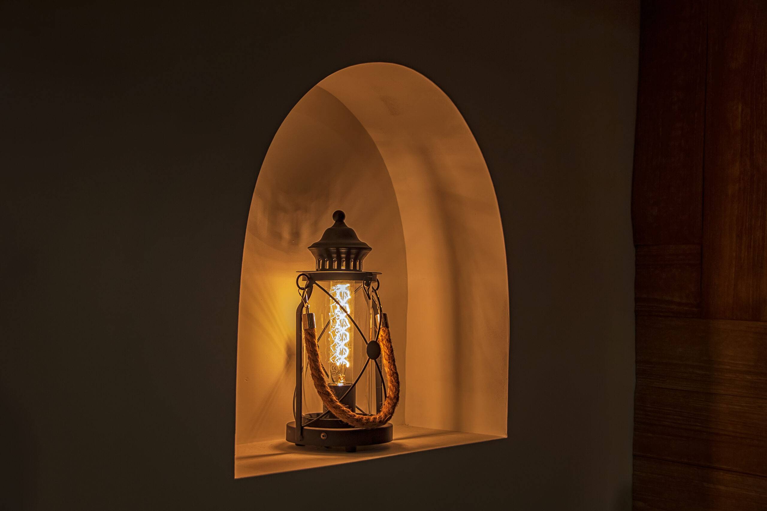 Old fashioned lantern with led lights. Vintage decoration home