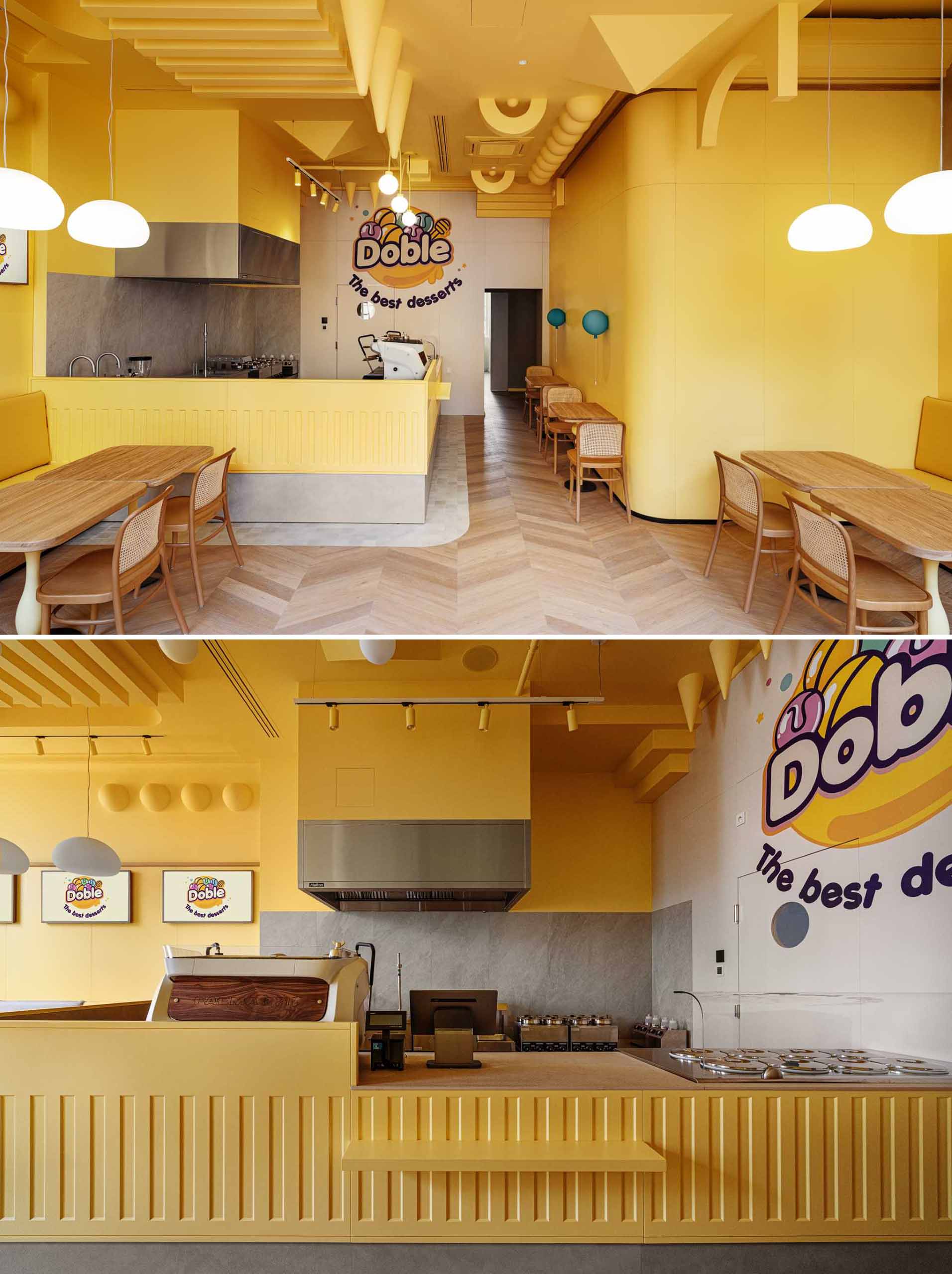 A modern dessert cafe with a bright yellow interior and sculptural ceiling.