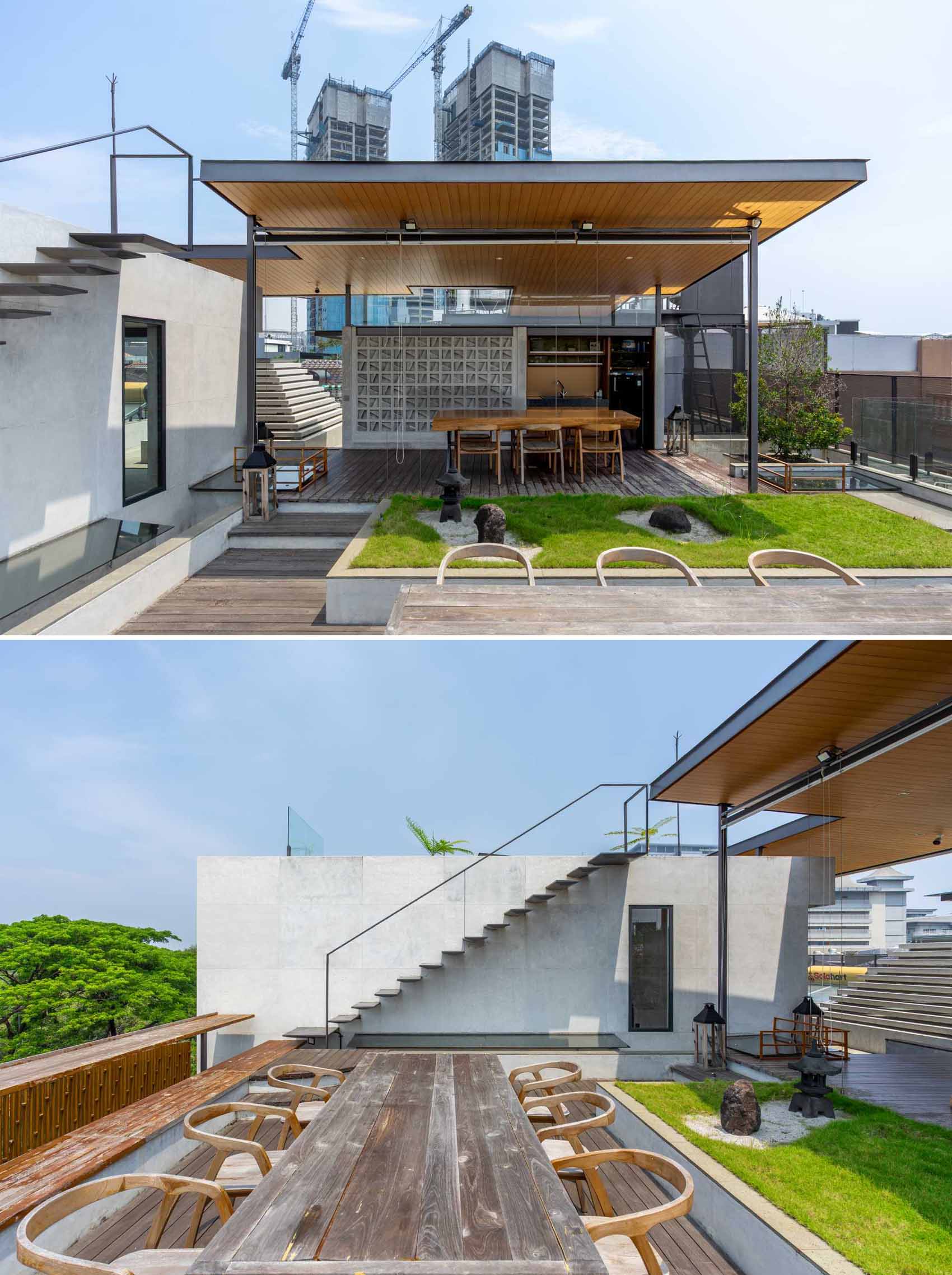 A modern home with a rooftop garden, outdoor kitchen, and multiple dining areas.