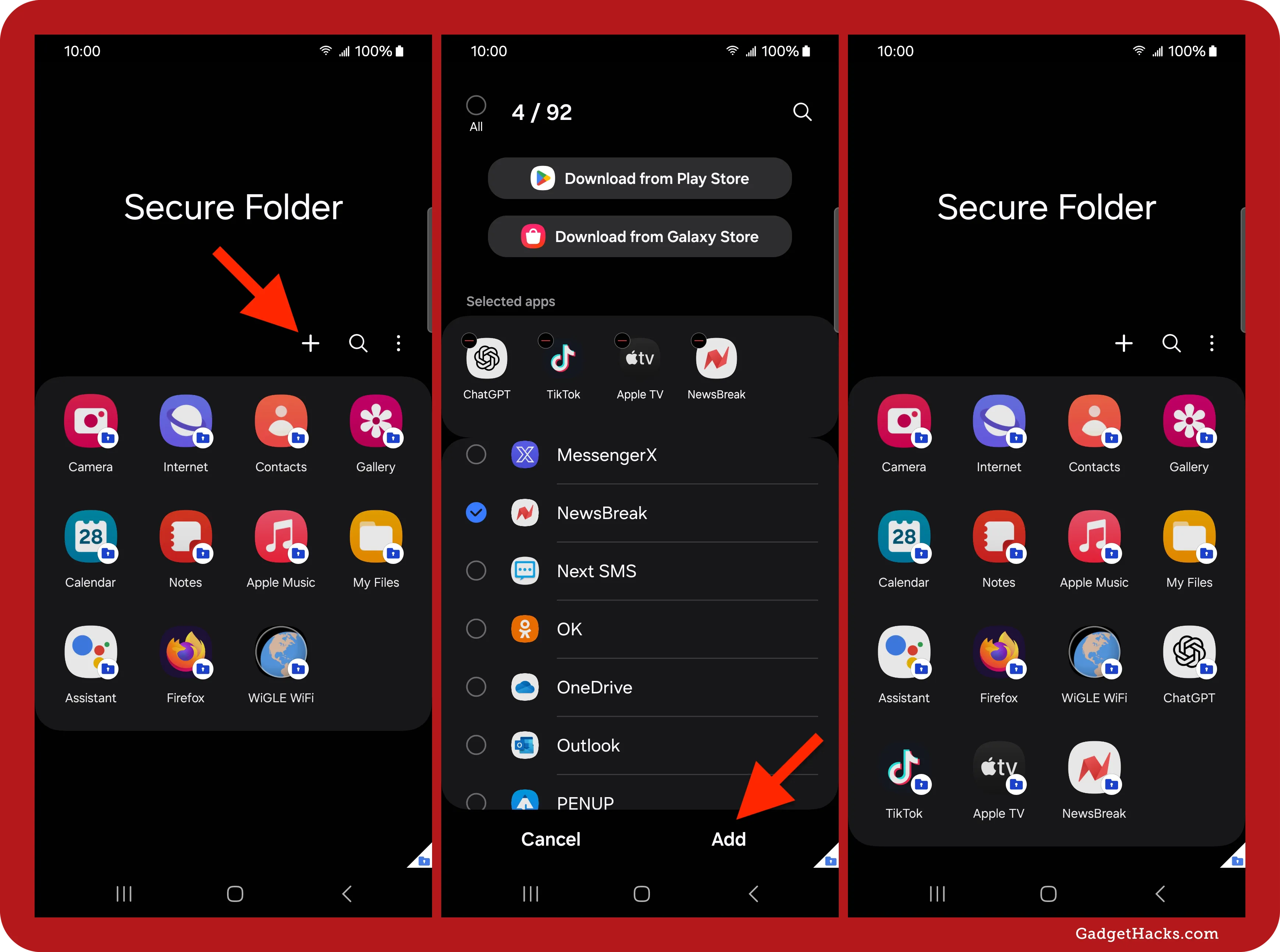 Samsung Secure Folder screens showing private apps, app selection menu, and newly added apps like TikTok, Apple TV, and ChatGPT.