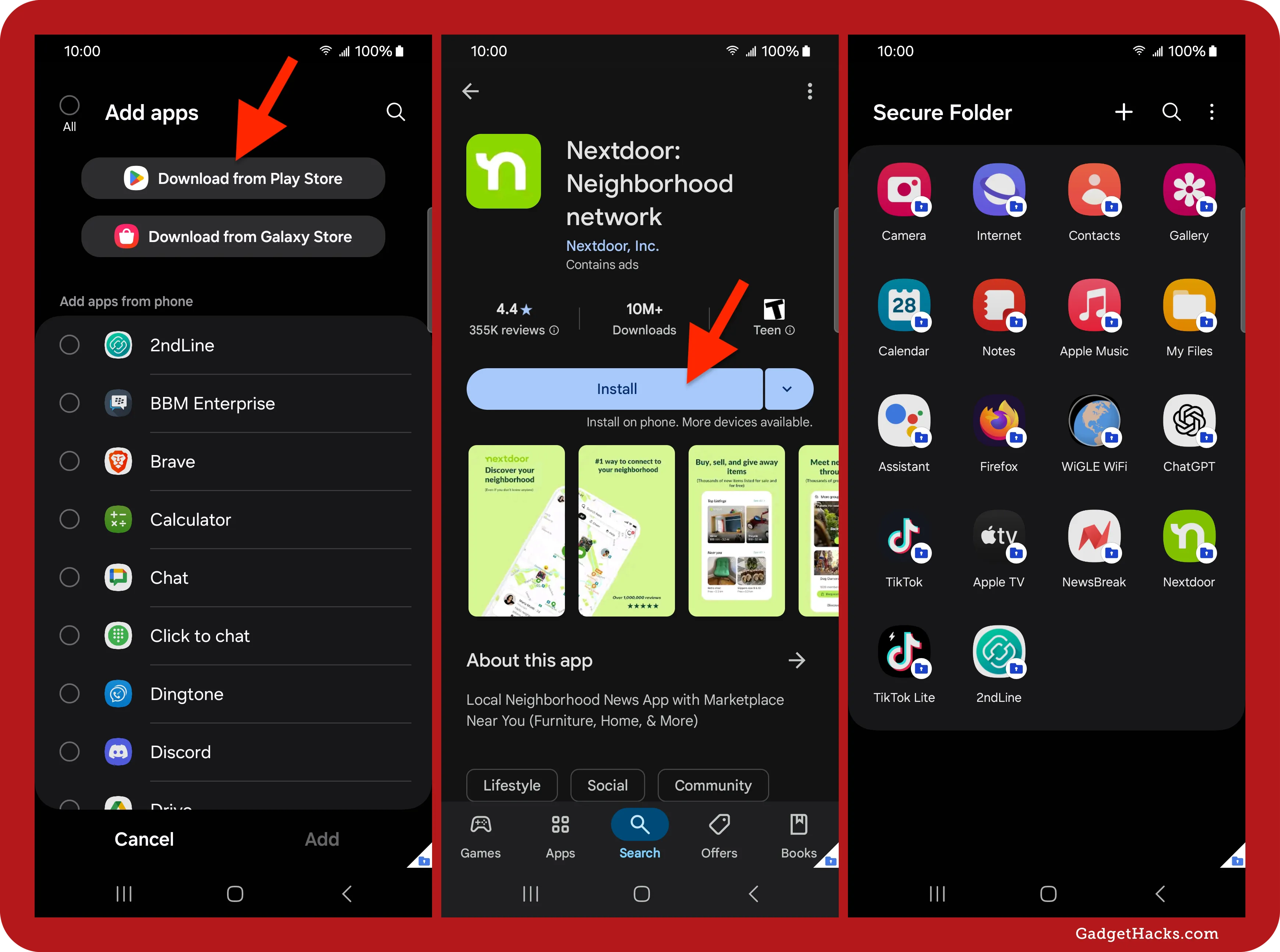 Samsung Secure Folder screens showing app selection, Play Store installation for Nextdoor, and newly added private apps like 2ndLine and TikTok Lite.