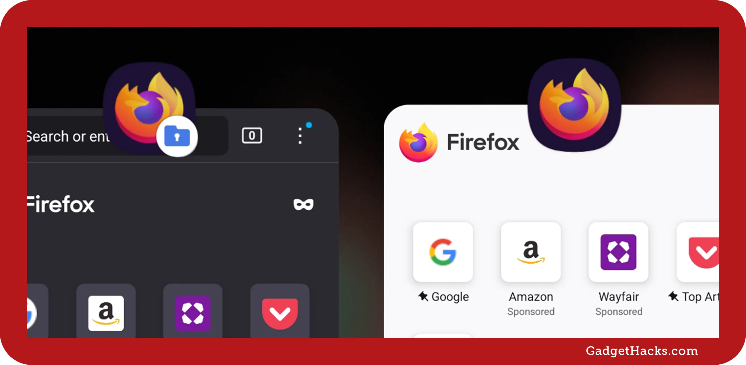 Side-by-side comparison of Firefox inside and outside Samsung Secure Folder, showing different icons to distinguish private and regular app versions.