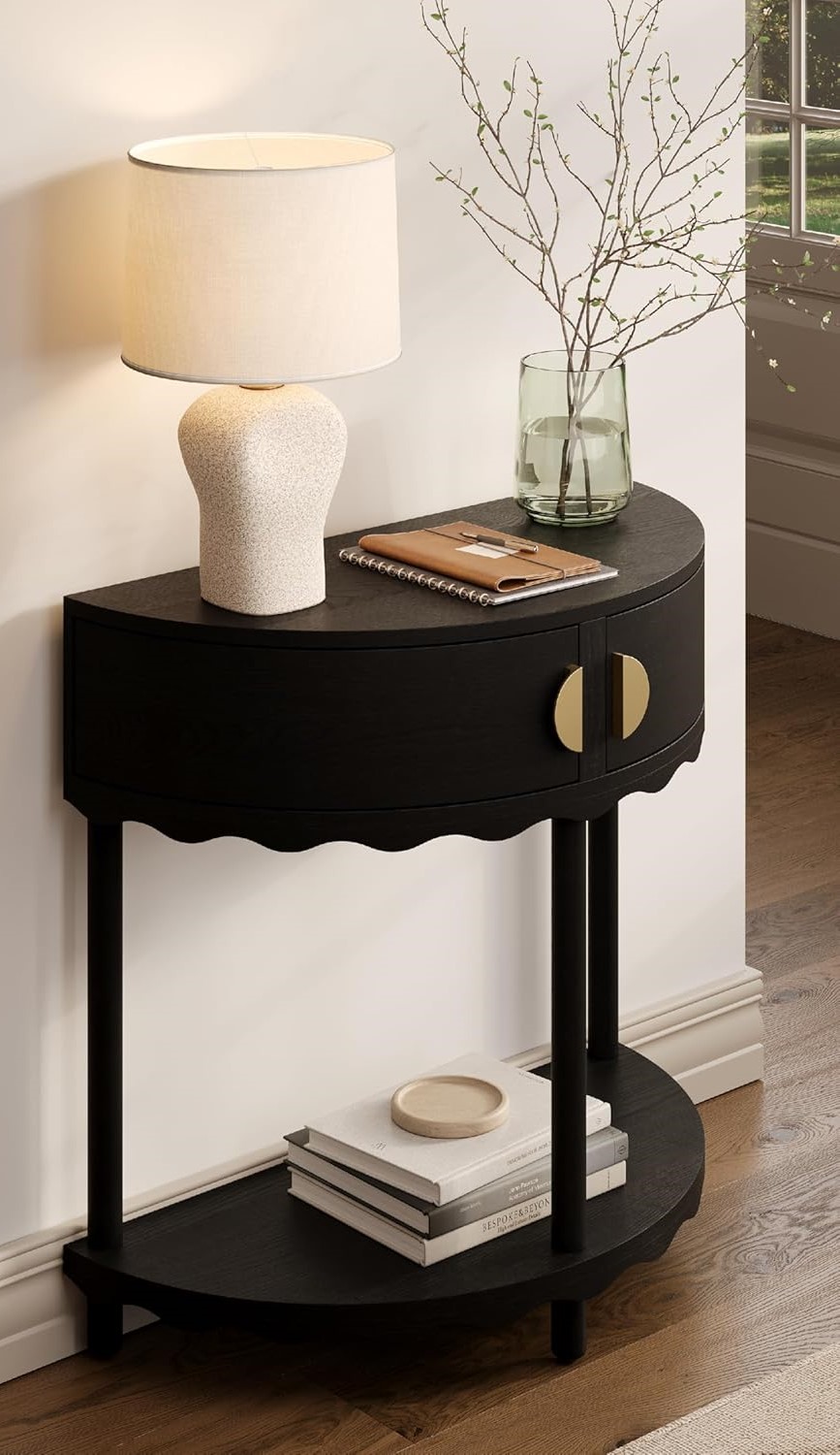 scalloped skirt console table in black