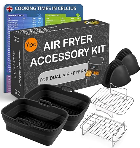 Climatik Premium Air Fryer Accessories Set for Dual Air Fryers | Ninja, Tower, Cosori, Salter, | Including X2 Air Fryer Racks, X2 Silicone Trays, X2 Silicone Mits, Bbq Skewers & Magnetic Cheat Sheet