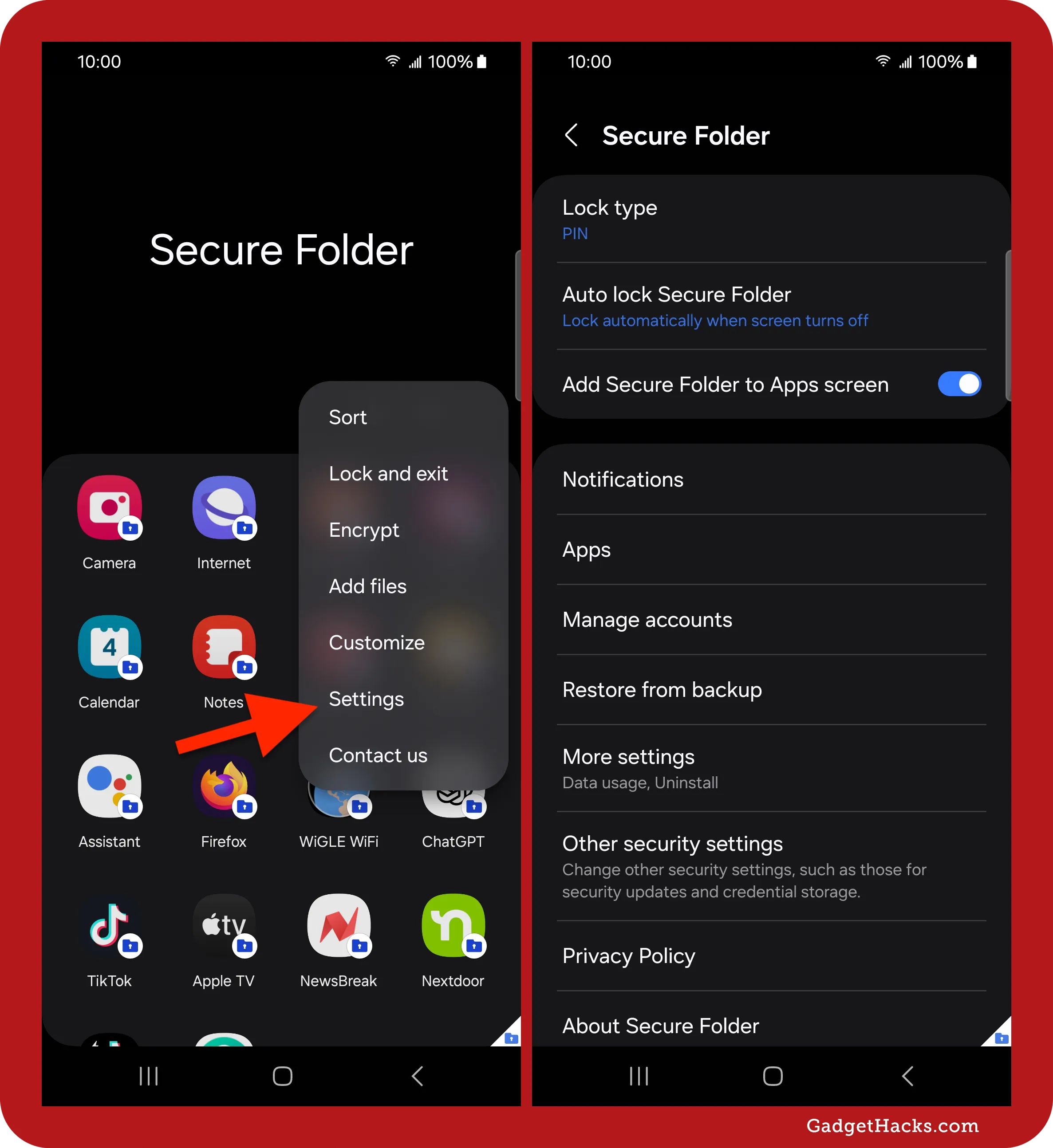 Secure Folder app showing menu with “Settings” option selected, leading to customization and security settings like lock type, auto-lock, and backup options.