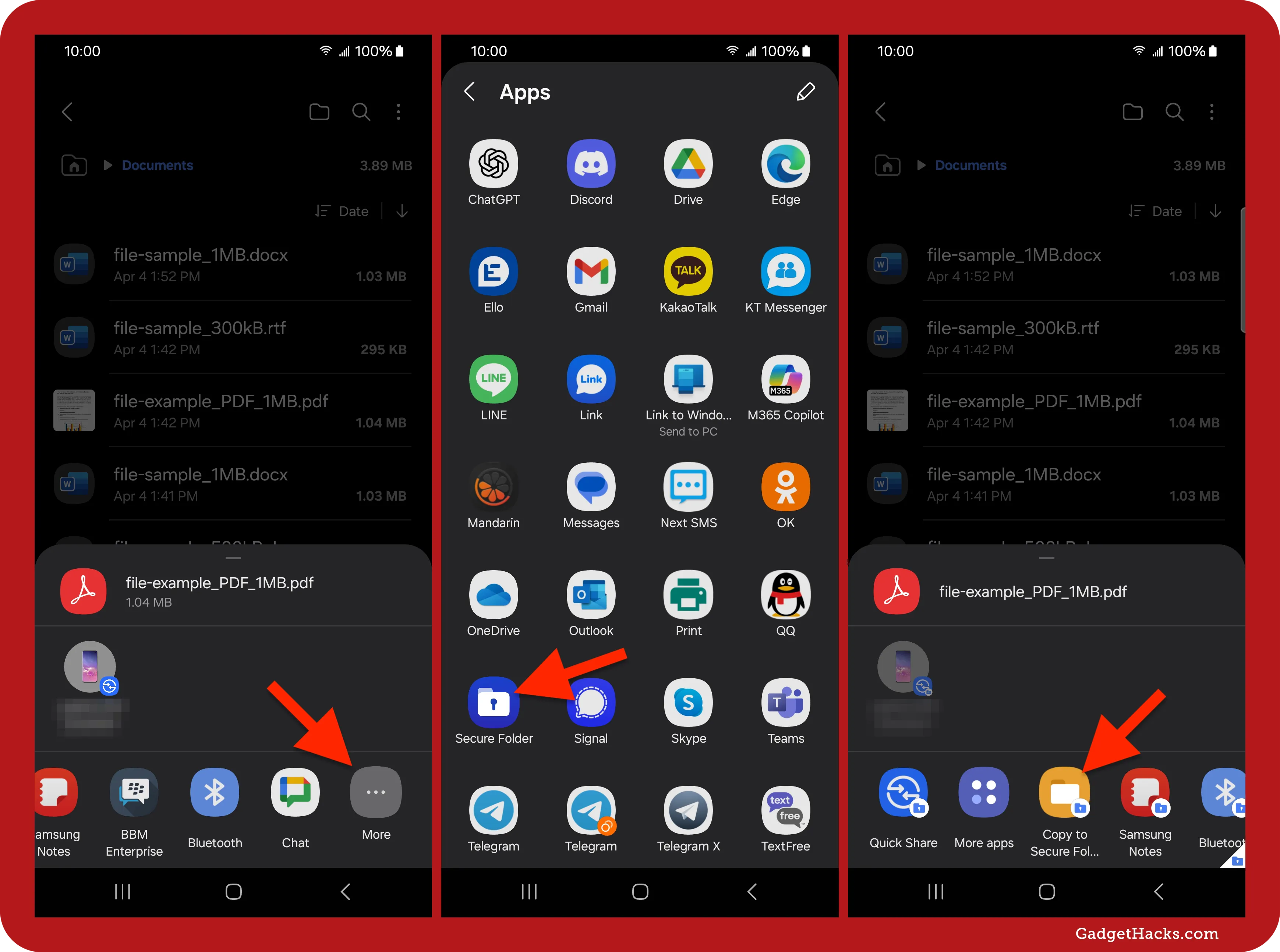 Samsung Galaxy file manager showing PDF share options, app selection screen with Secure Folder listed, and option to copy the file directly to Secure Folder.
