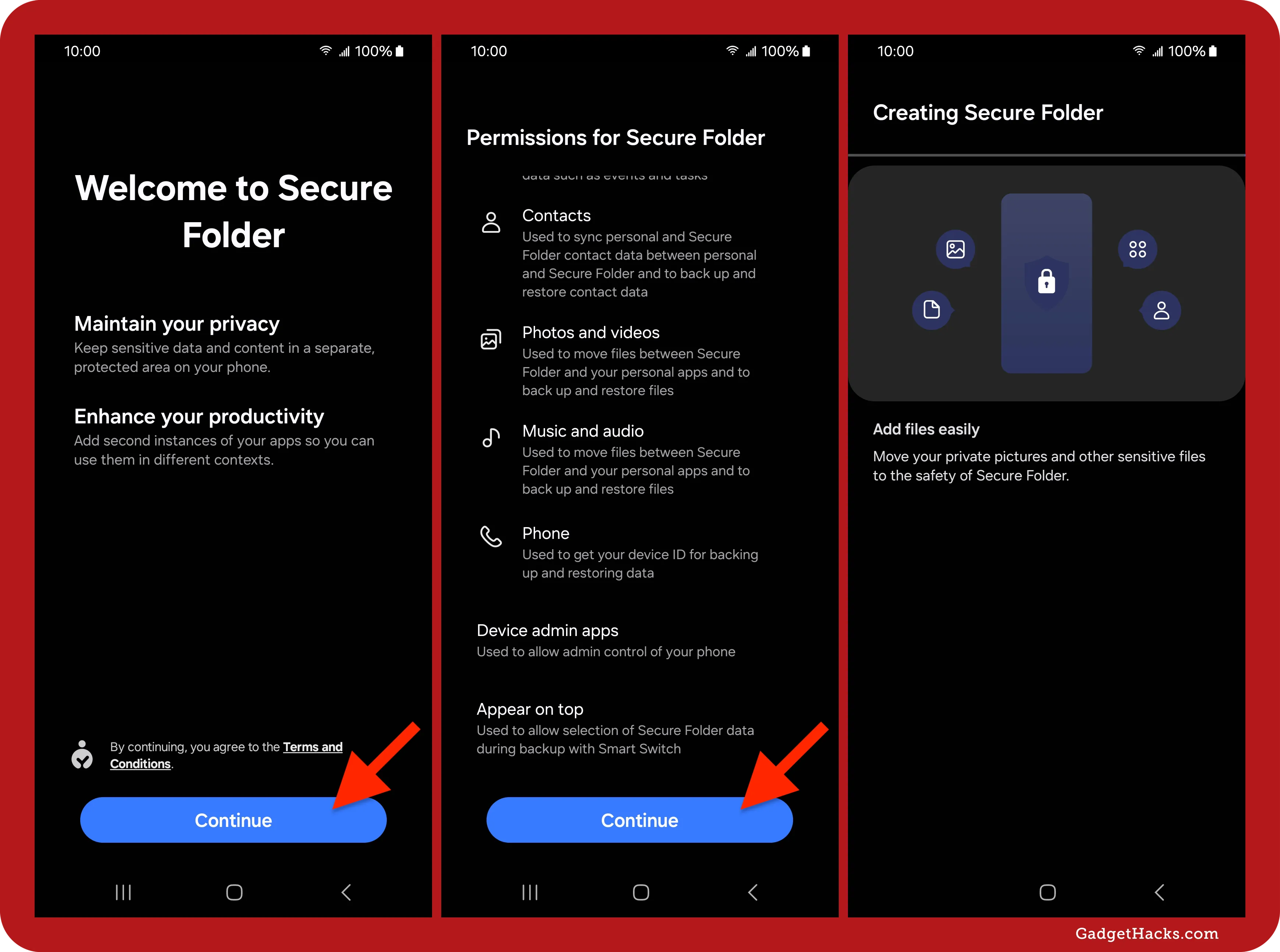 Three-step setup screens for Samsung Secure Folder showing permission requests, privacy info, and file setup with “Continue” buttons highlighted for starting the protected folder.