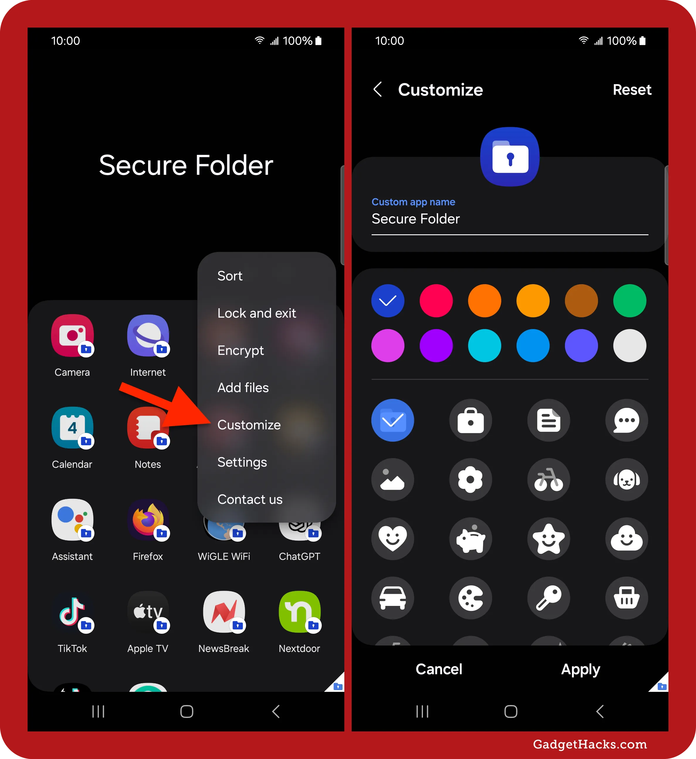 Samsung Secure Folder customization menu showing option to rename the folder, change icon shape, and select different colors and symbols for the app’s appearance.