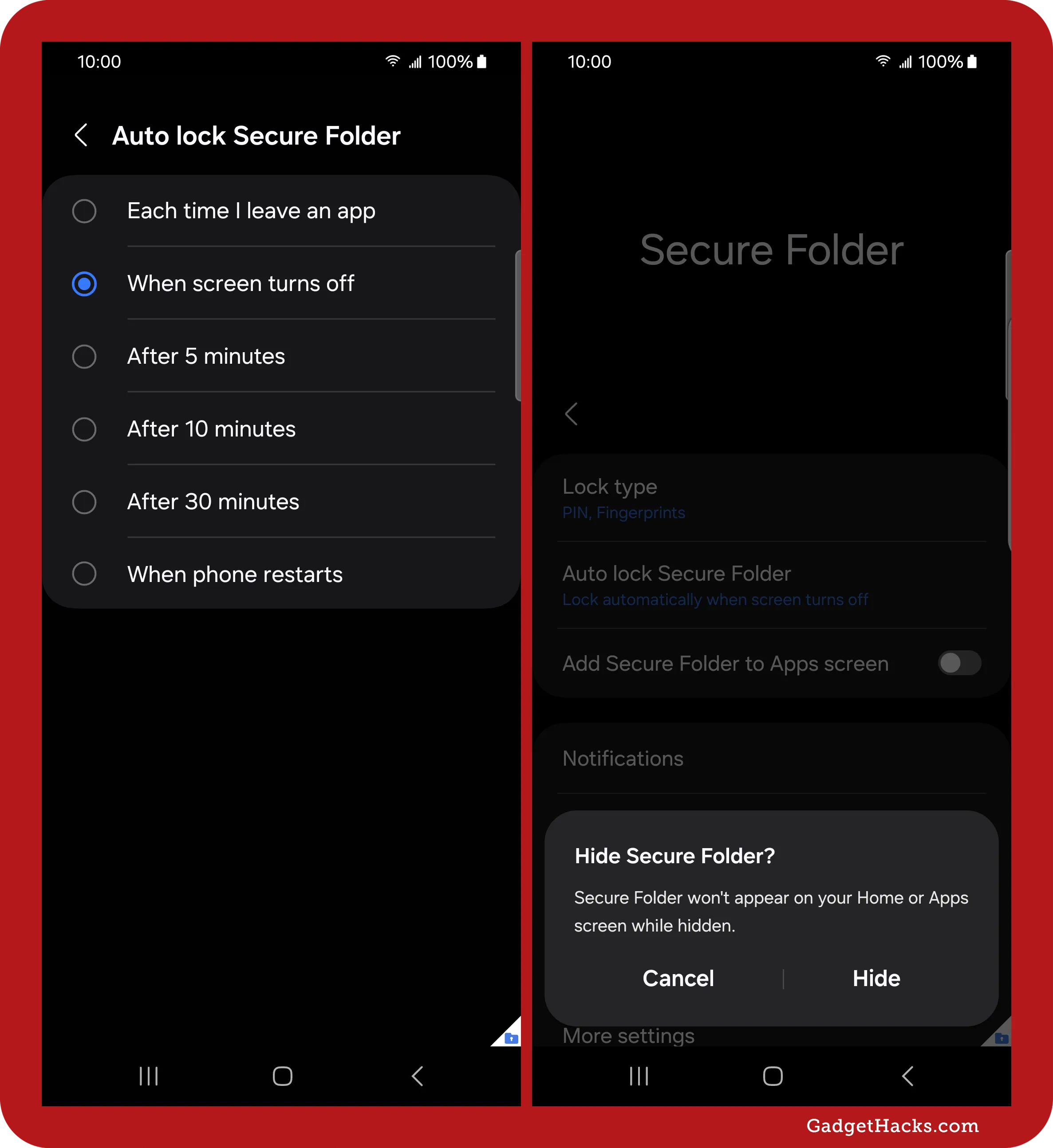 Auto-lock settings for Samsung Secure Folder with screen-off option selected, and confirmation prompt to hide the folder from the Home and Apps screens.