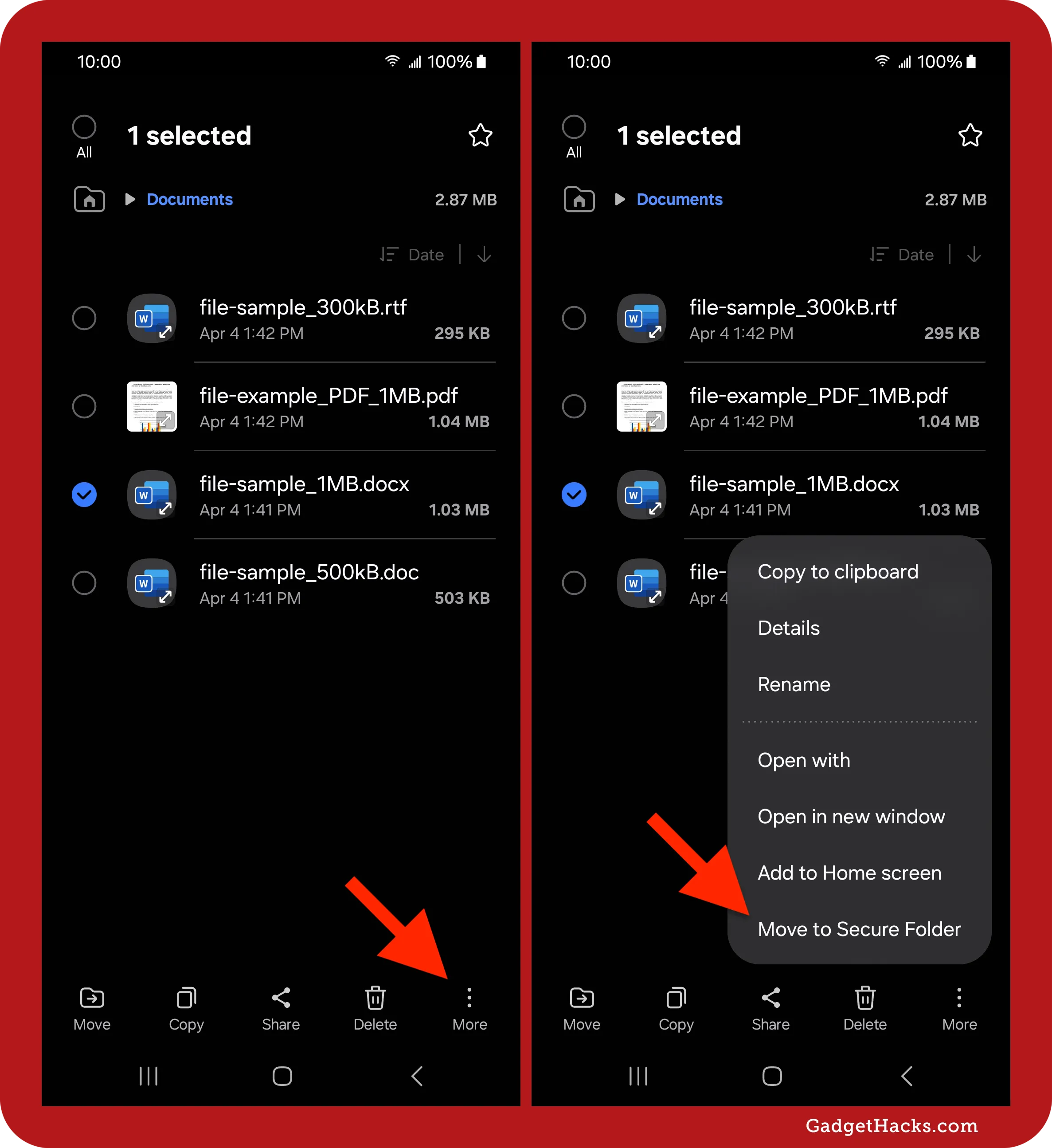 Samsung file manager with a Word document selected and context menu showing the “Move to Secure Folder” option for relocating the file to a protected space.