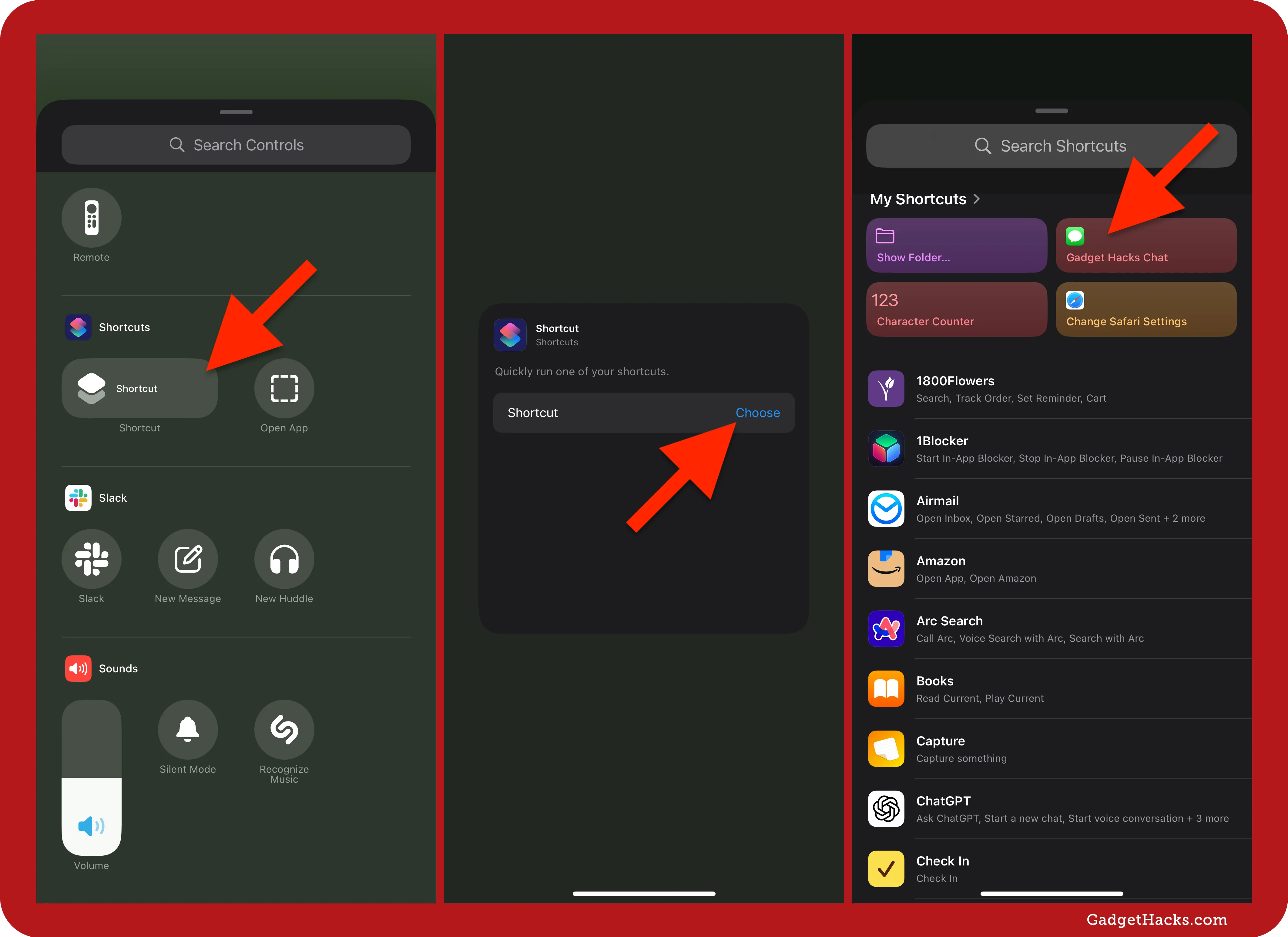 Steps to run the 'Gadget Hacks Chat' shortcut from Control Center, including selecting the Shortcut action and choosing the custom shortcut.