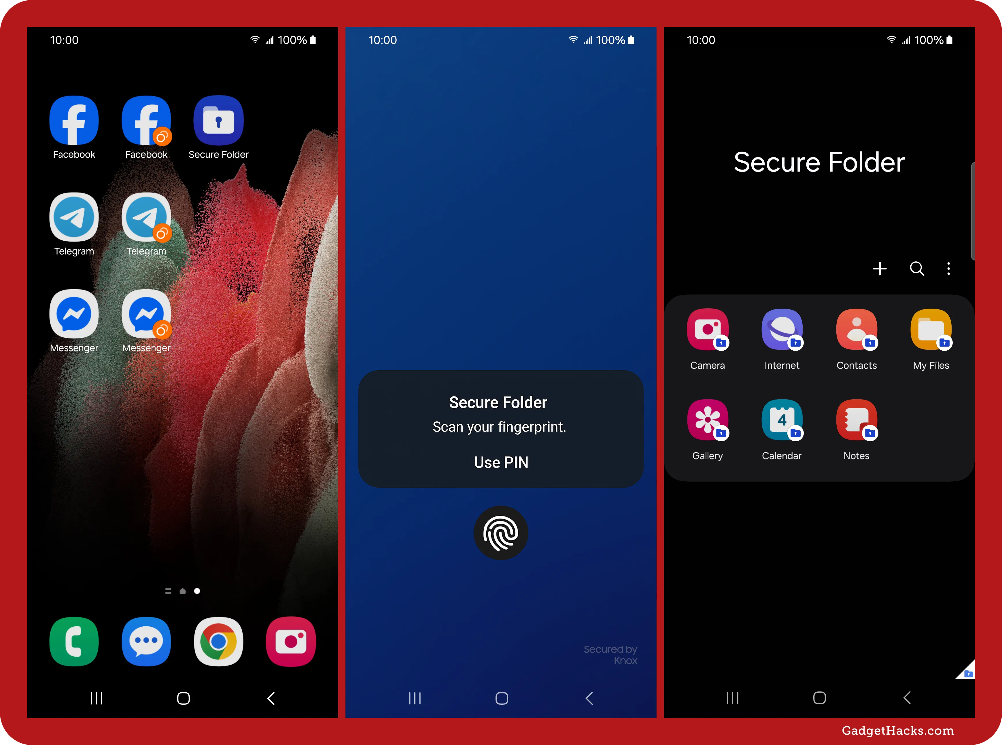 Samsung Galaxy showing Secure Folder app on home screen, fingerprint unlock prompt, and protected folder view with apps like Camera, Notes, and Calendar inside.