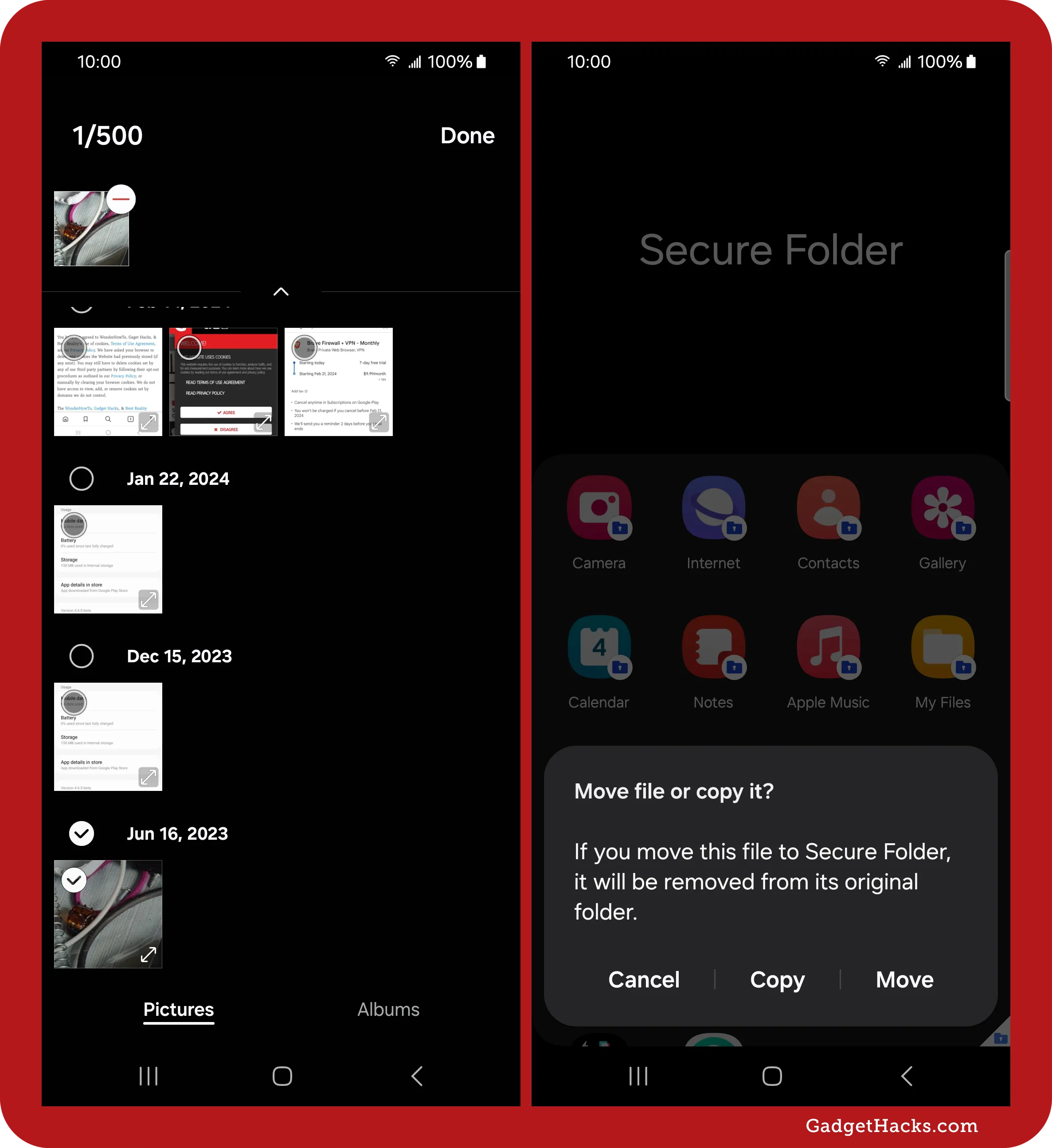 Samsung Gallery image selection screen with Secure Folder move prompt asking to copy or move selected photos into the protected folder.