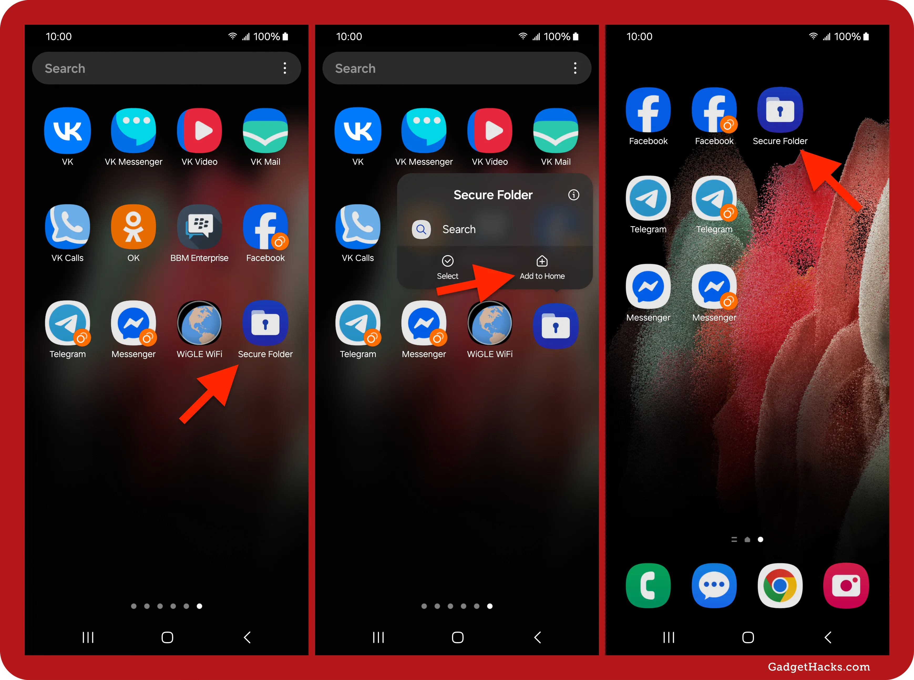 Secure Folder app on Galaxy phone being added to the home screen from the app drawer, with steps showing long-press and menu selection.
