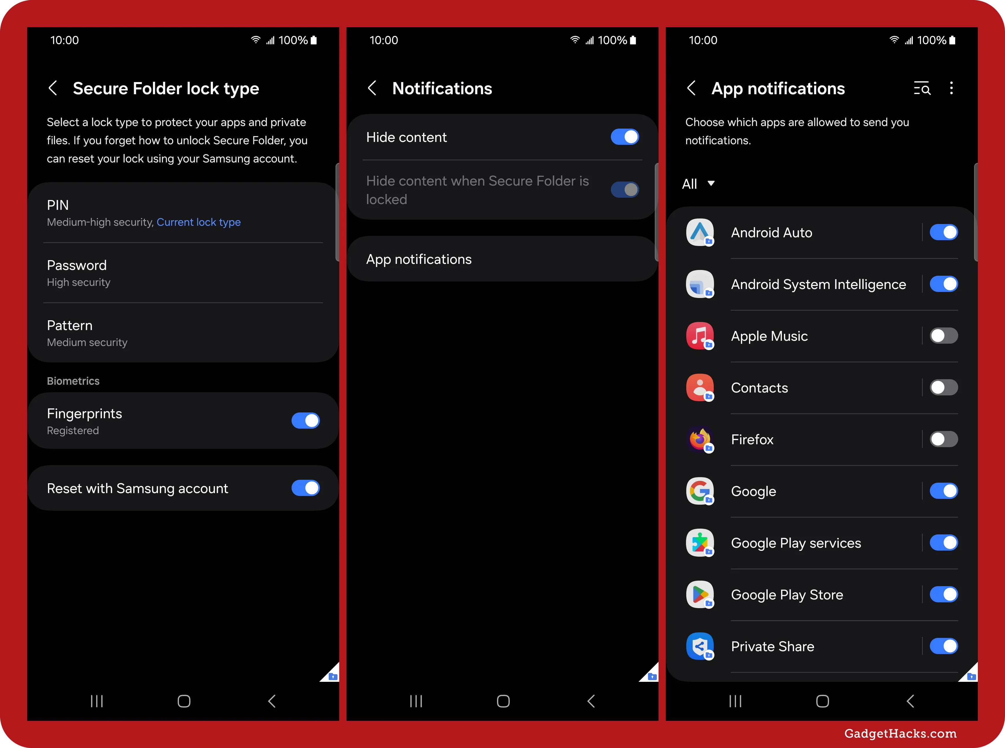 Samsung Secure Folder settings screens showing lock type options, notification controls to hide content, and toggles to manage app-specific notification permissions.