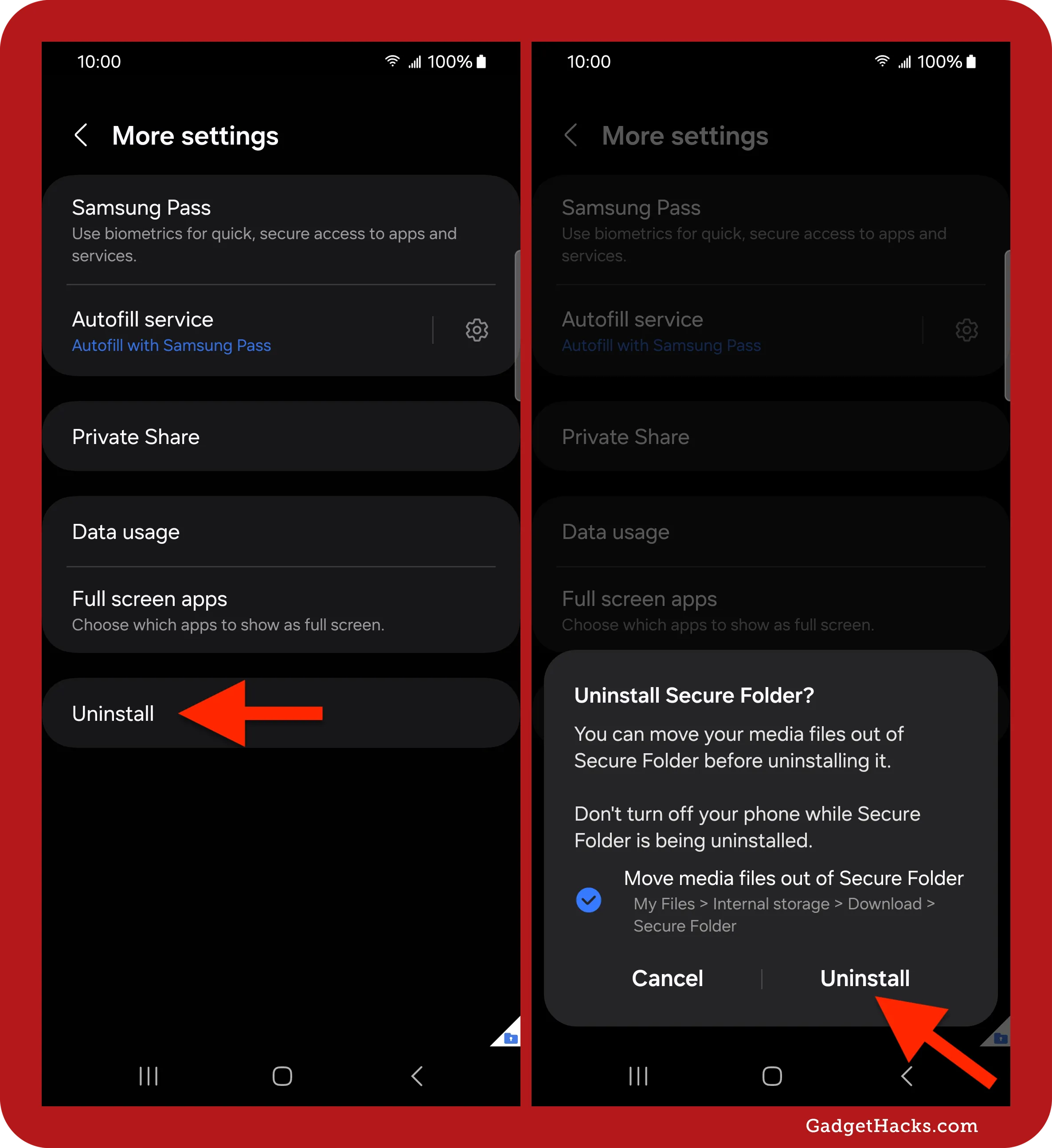 Samsung Secure Folder “More settings” screen showing uninstall option, followed by a confirmation prompt to move media files before deleting the folder.