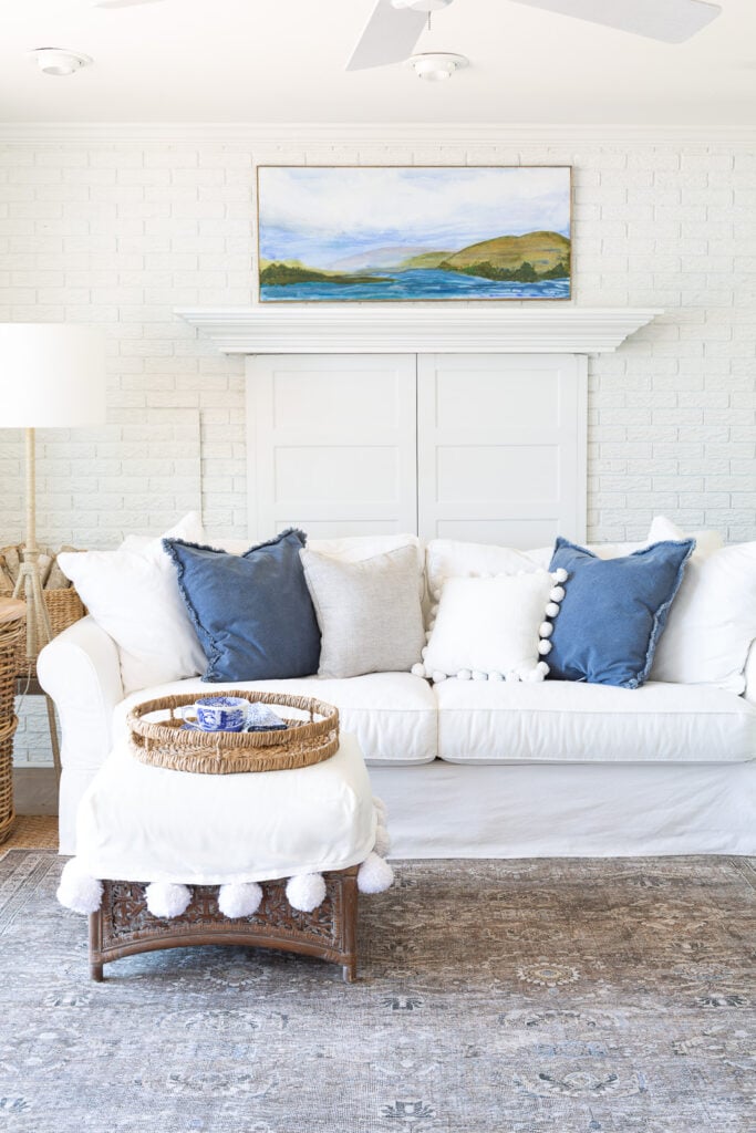 blue and white living room with a modern coastal vibe