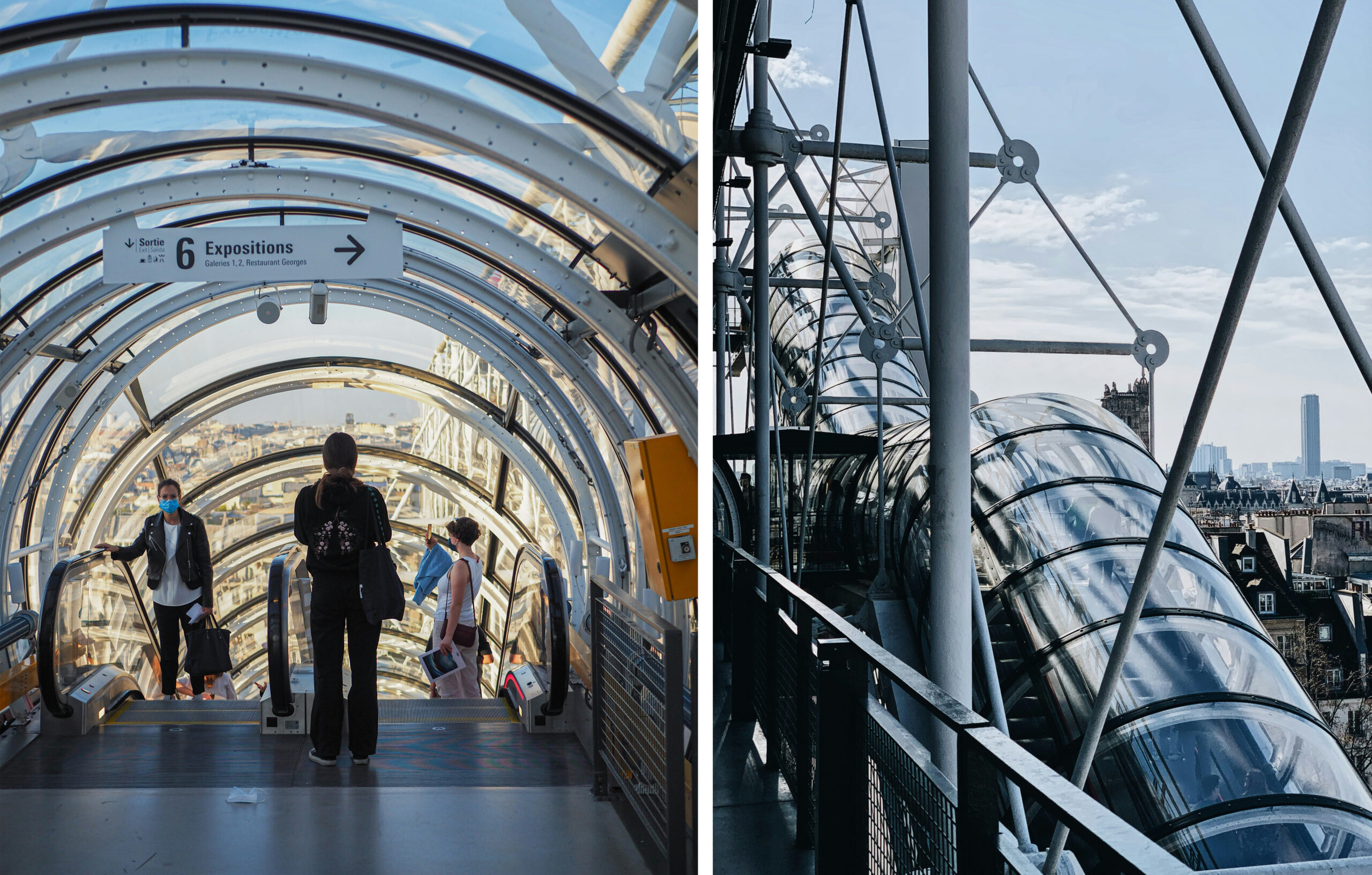 Views of Paris from Centre Pompidou's panoramic escalator.