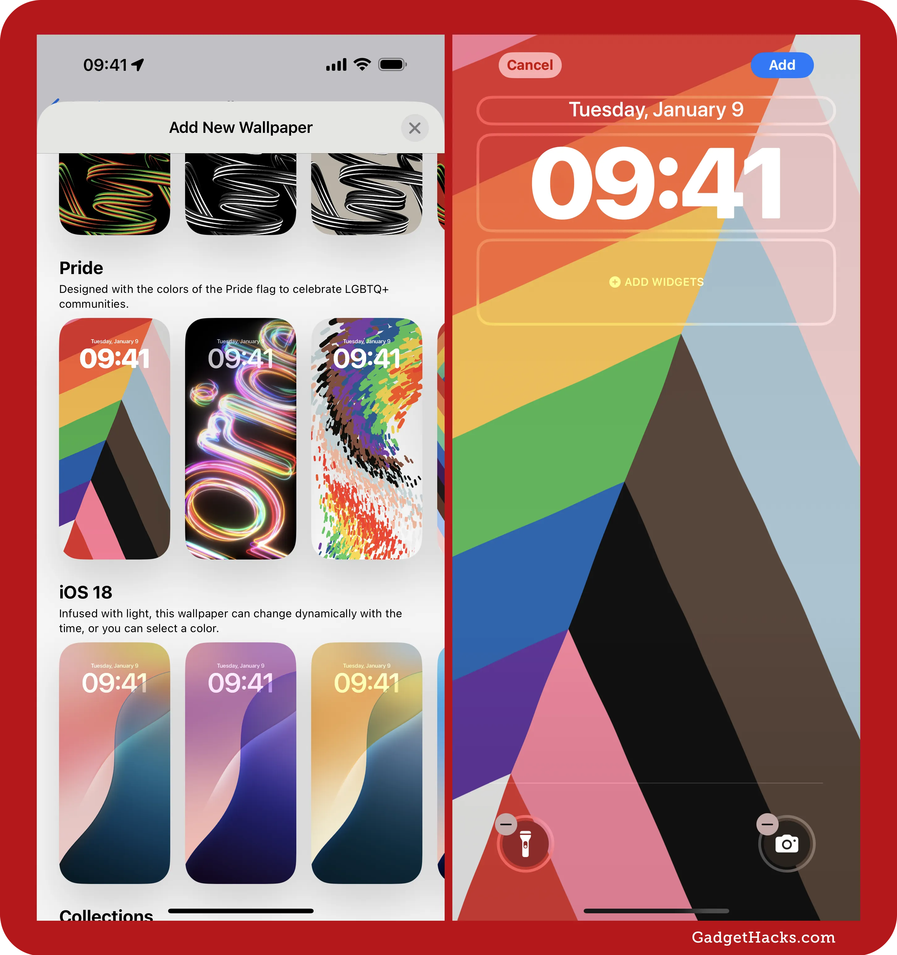 Pride wallpaper selection screen on iPhone showing new iOS 18 ‘Harmony’ design with inclusive LGBTQ+ flag colors, date, time, and customization options.
