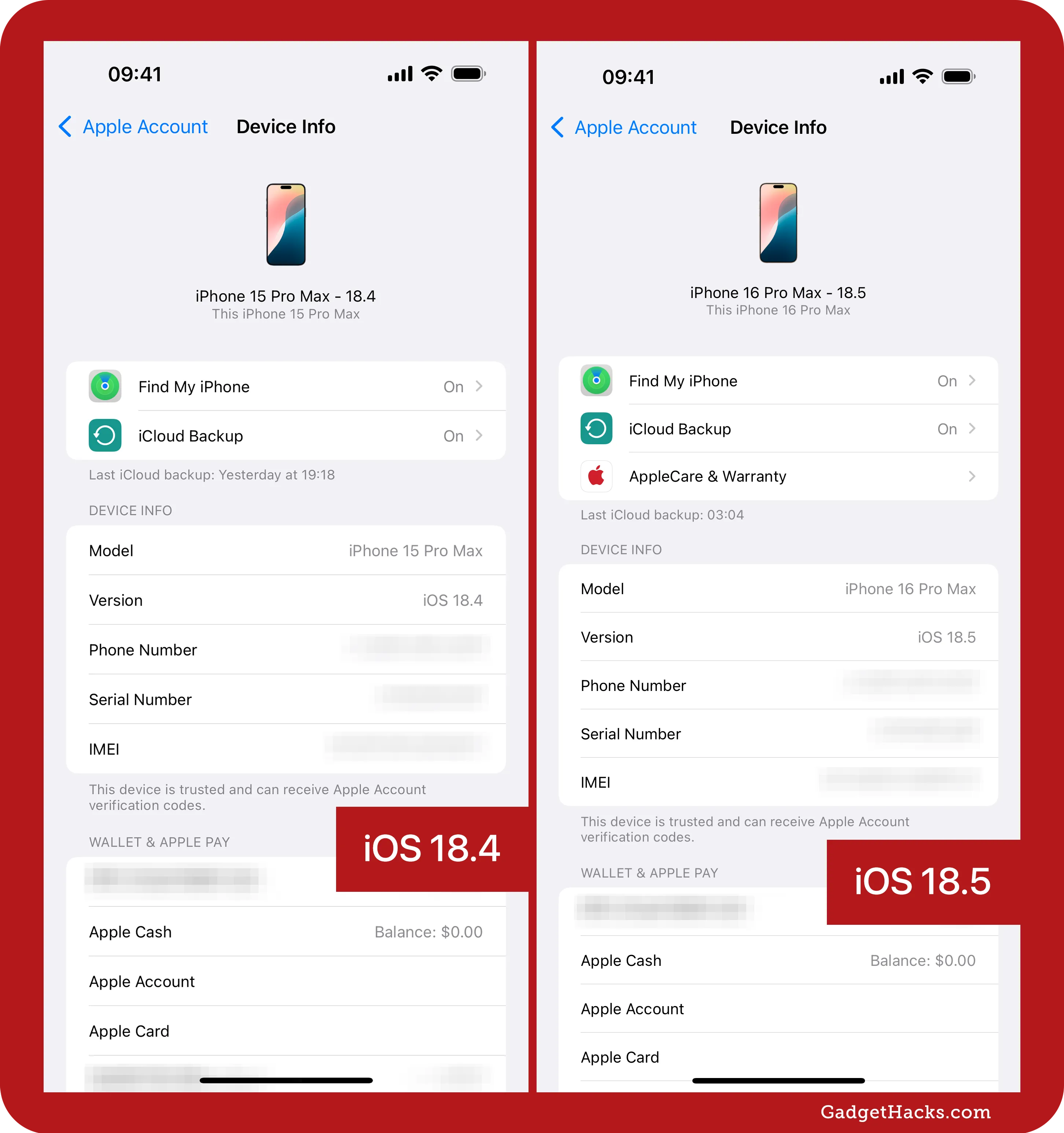 Side-by-side screenshots compare the Device Info screen on iOS 18.4 and iOS 18.5, with iOS 18.5 adding AppleCare to the list under Apple Account.
