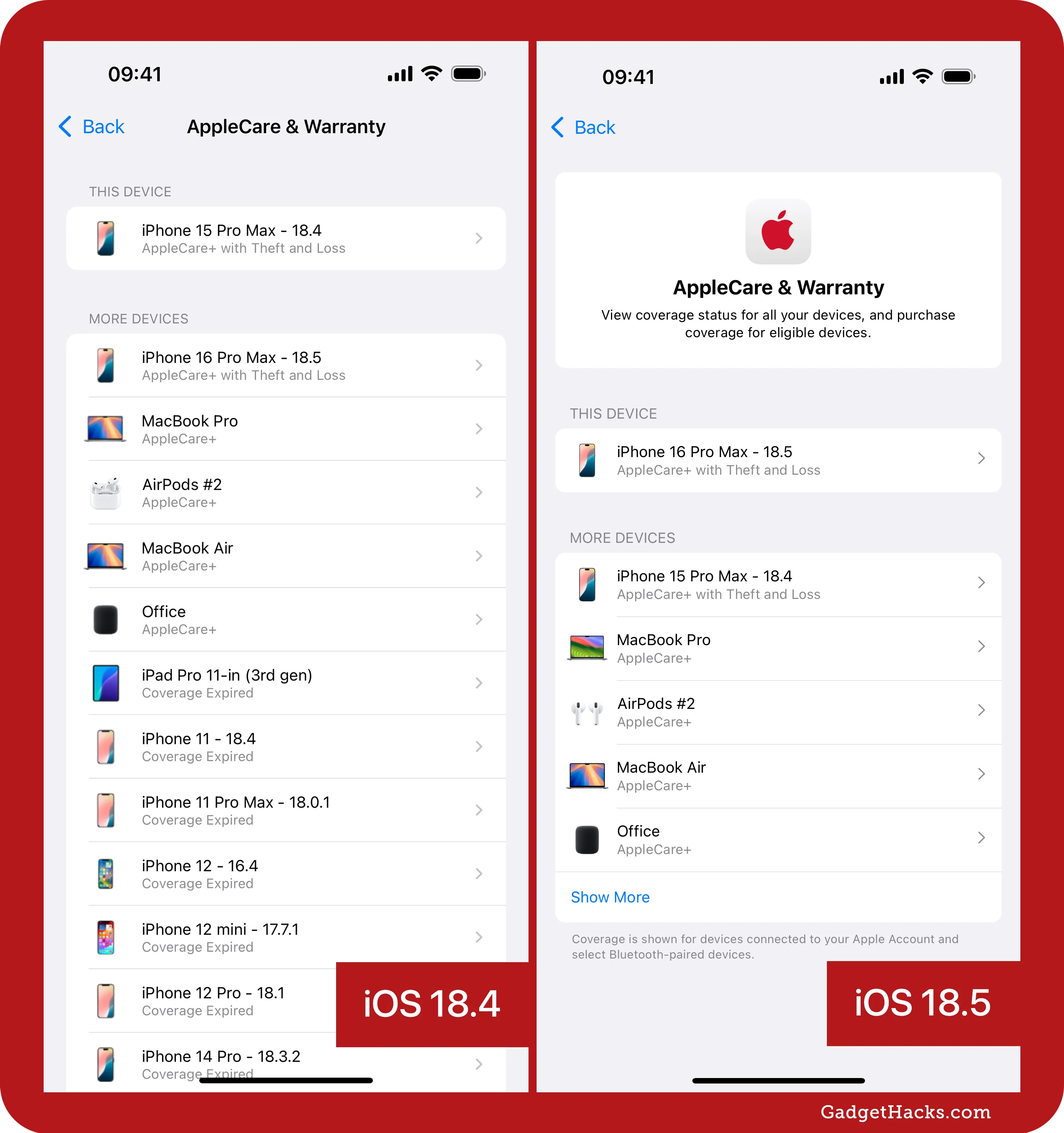 Side-by-side comparison of the AppleCare & Warranty settings screen in iOS 18.4 and iOS 18.5, showing a more simplified, card-style layout in the newer version.