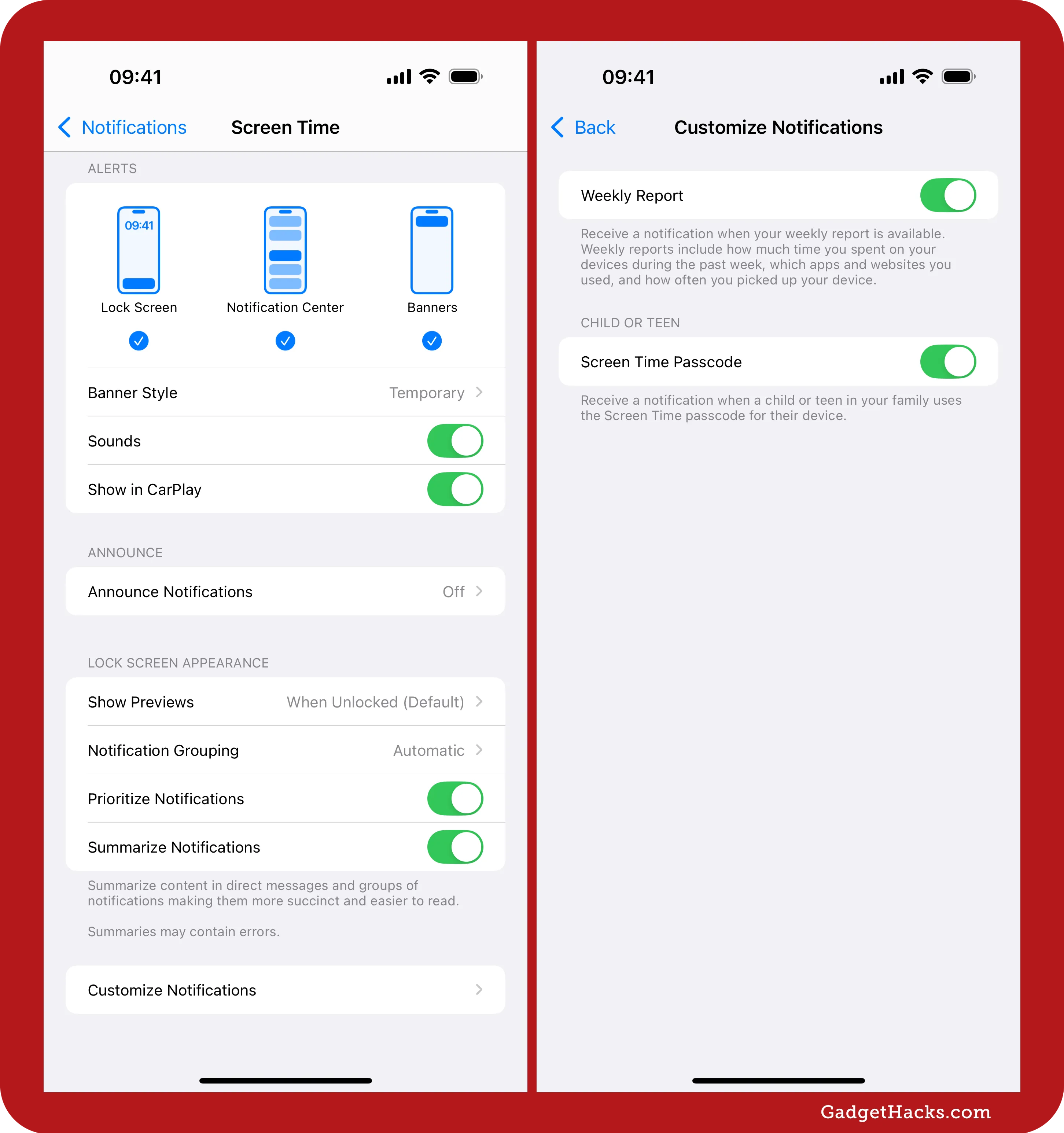 Screen Time notification settings showing options for lock screen alerts, banners, previews, and custom toggles for weekly usage reports and Screen Time passcode alerts.