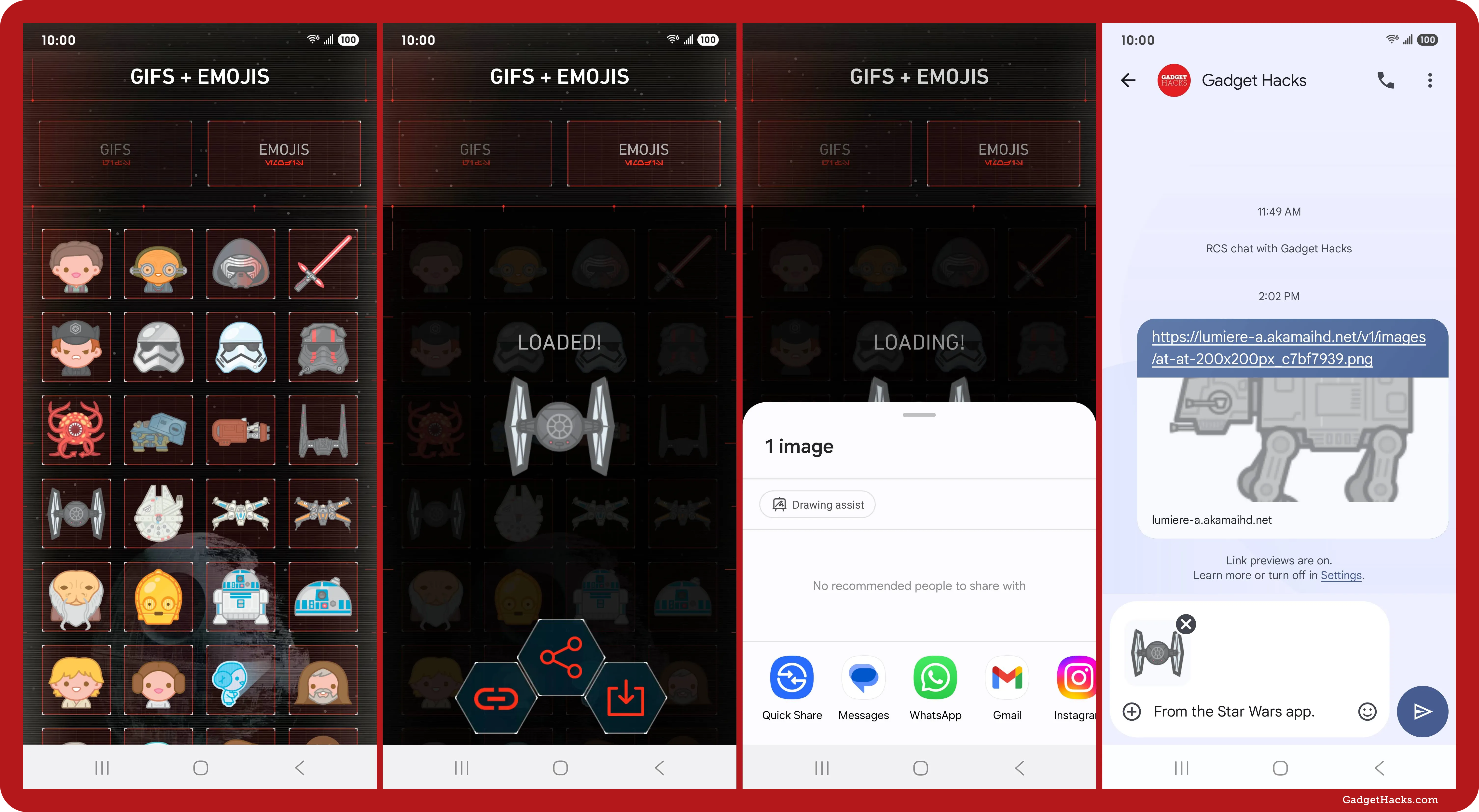 Android screen showing Star Wars emoji grid under GIFS + EMOJIS header, share menu options, and a Messages thread previewing a TIE fighter sticker.