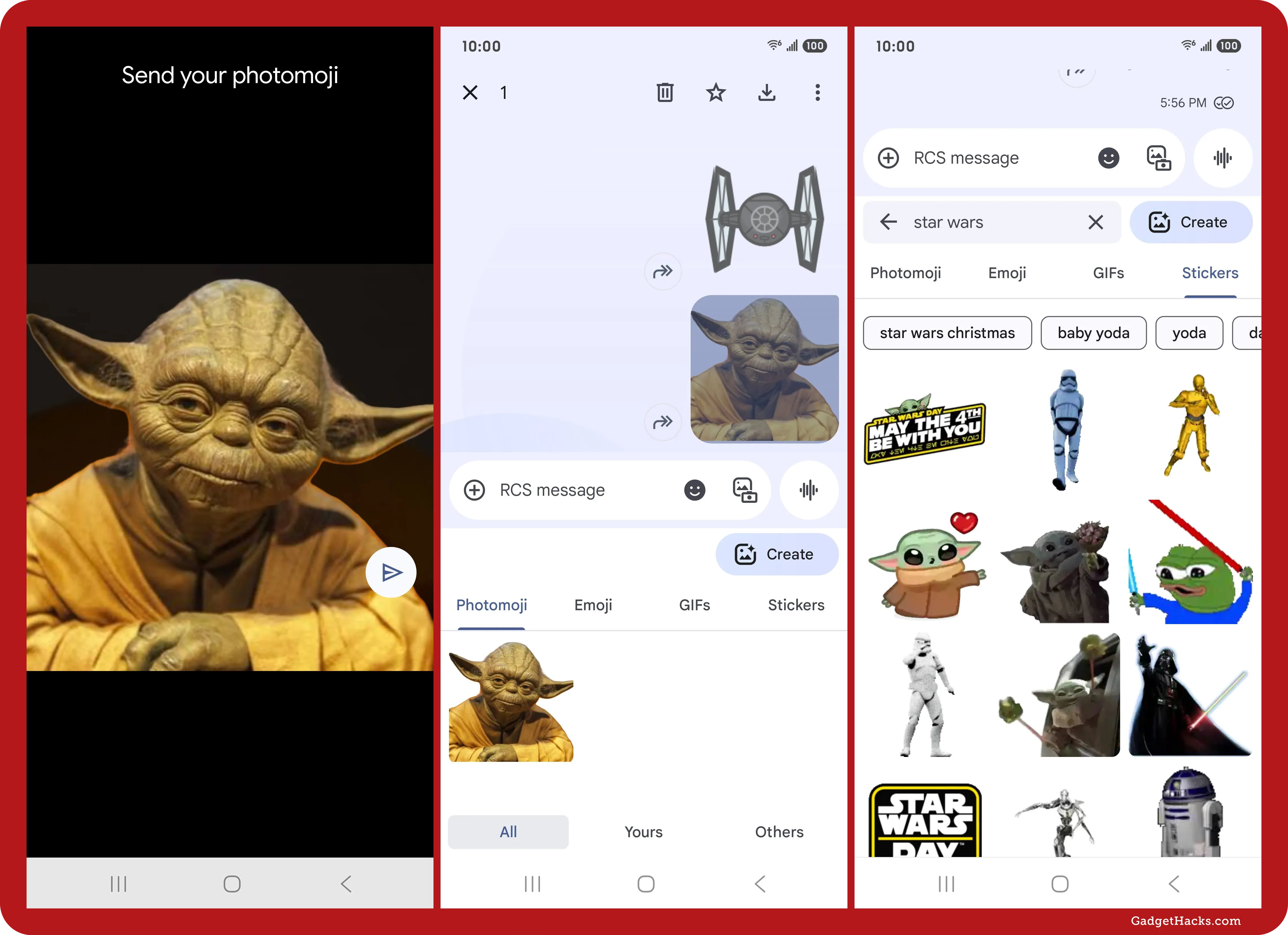 Three-panel Google Messages interface preview—Photomoji Yoda creation, sendable Yoda and TIE fighter photomoji, and Star Wars sticker search results.