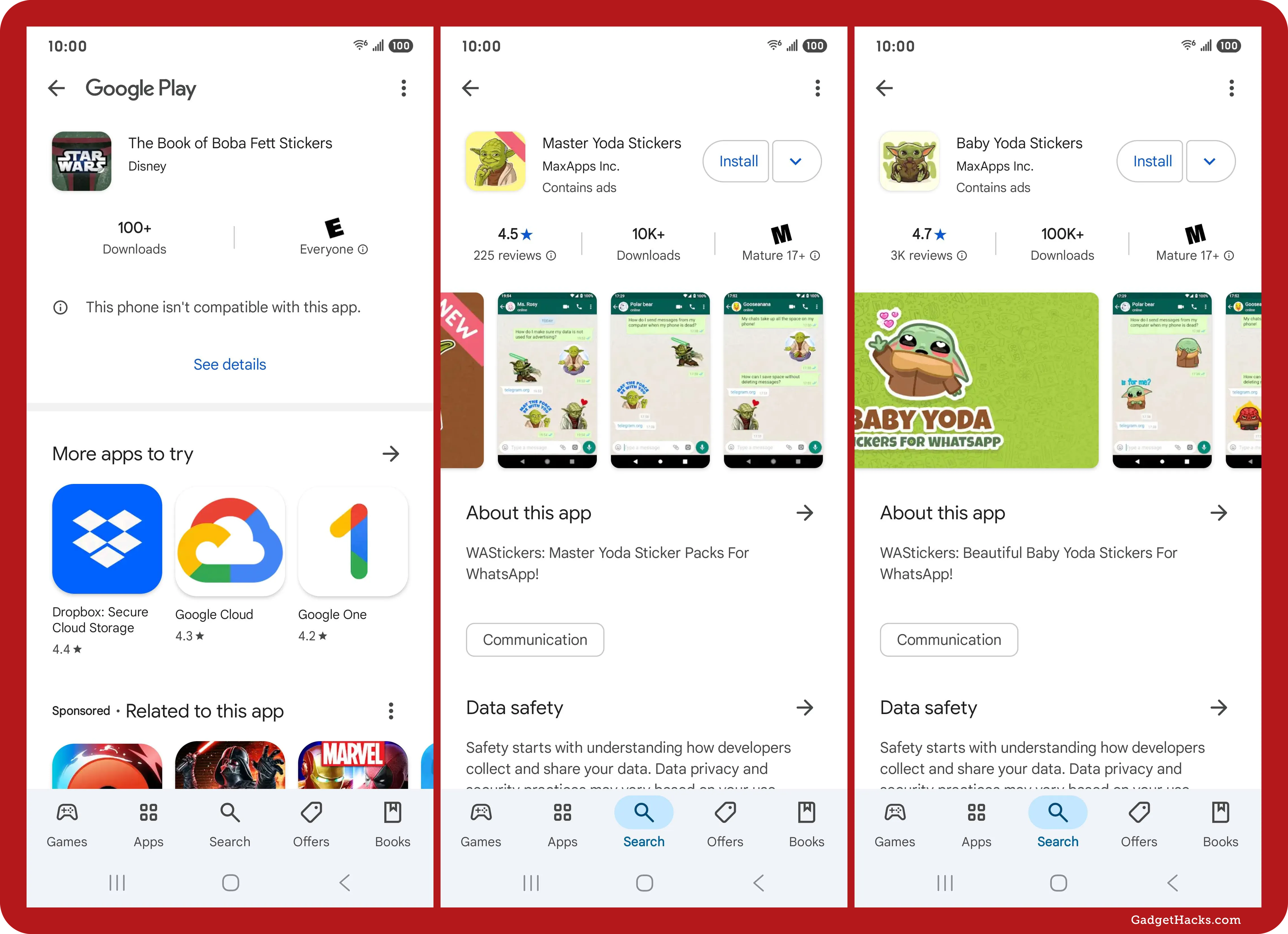 Three Android Google Play listings: Boba Fett stickers incompatible, Master Yoda stickers with 4.5-star reviews and previews, Baby Yoda stickers with 4.7-star reviews and previews.