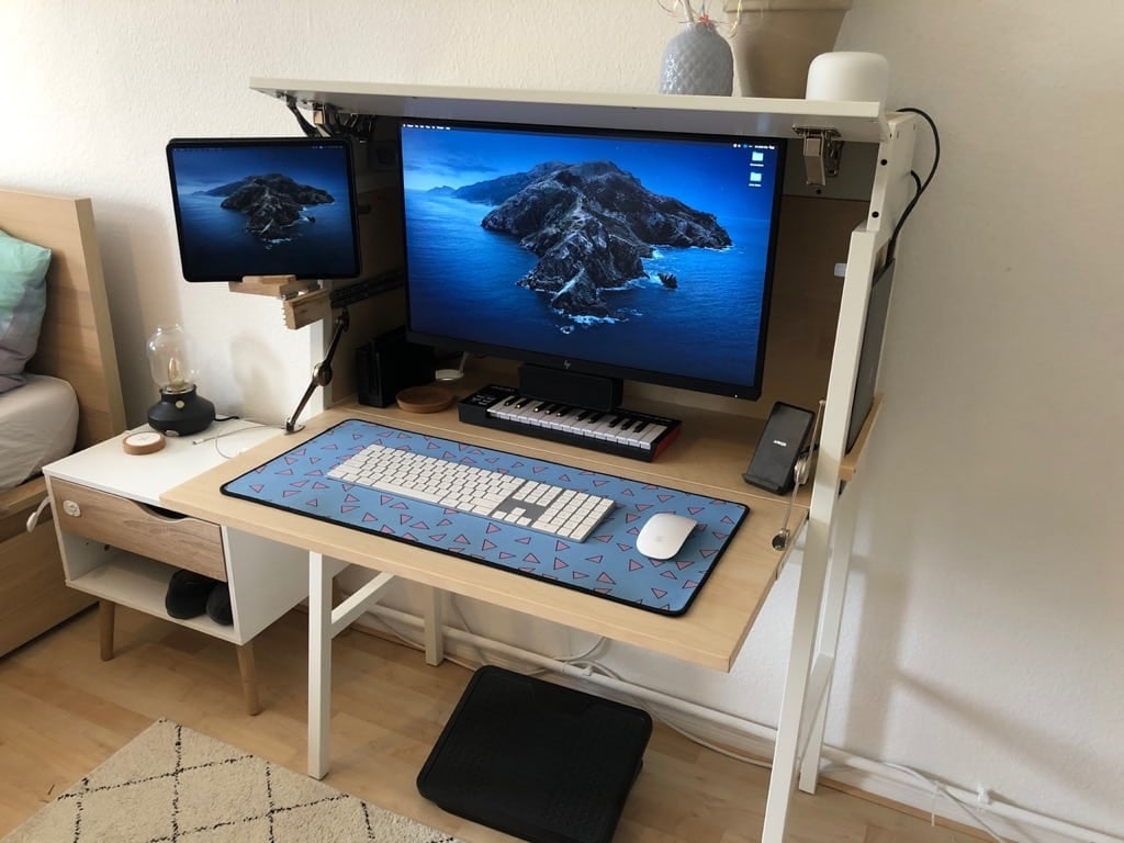 IKEA PS Secretary desk made to fit large monitor, extra arm for second monitor and speakers
