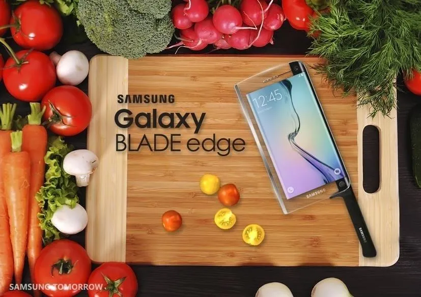 Samsung Galaxy Blade Edge smartphone displayed on a wooden cutting board surrounded by fresh vegetables and fruits.