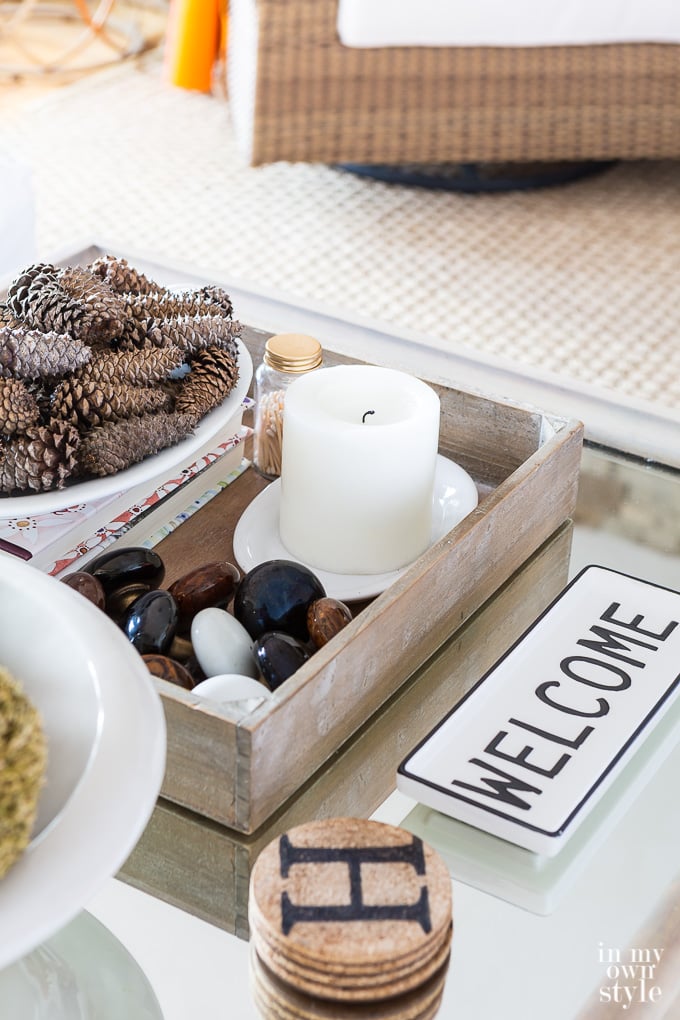 fall decor items in a coffee table