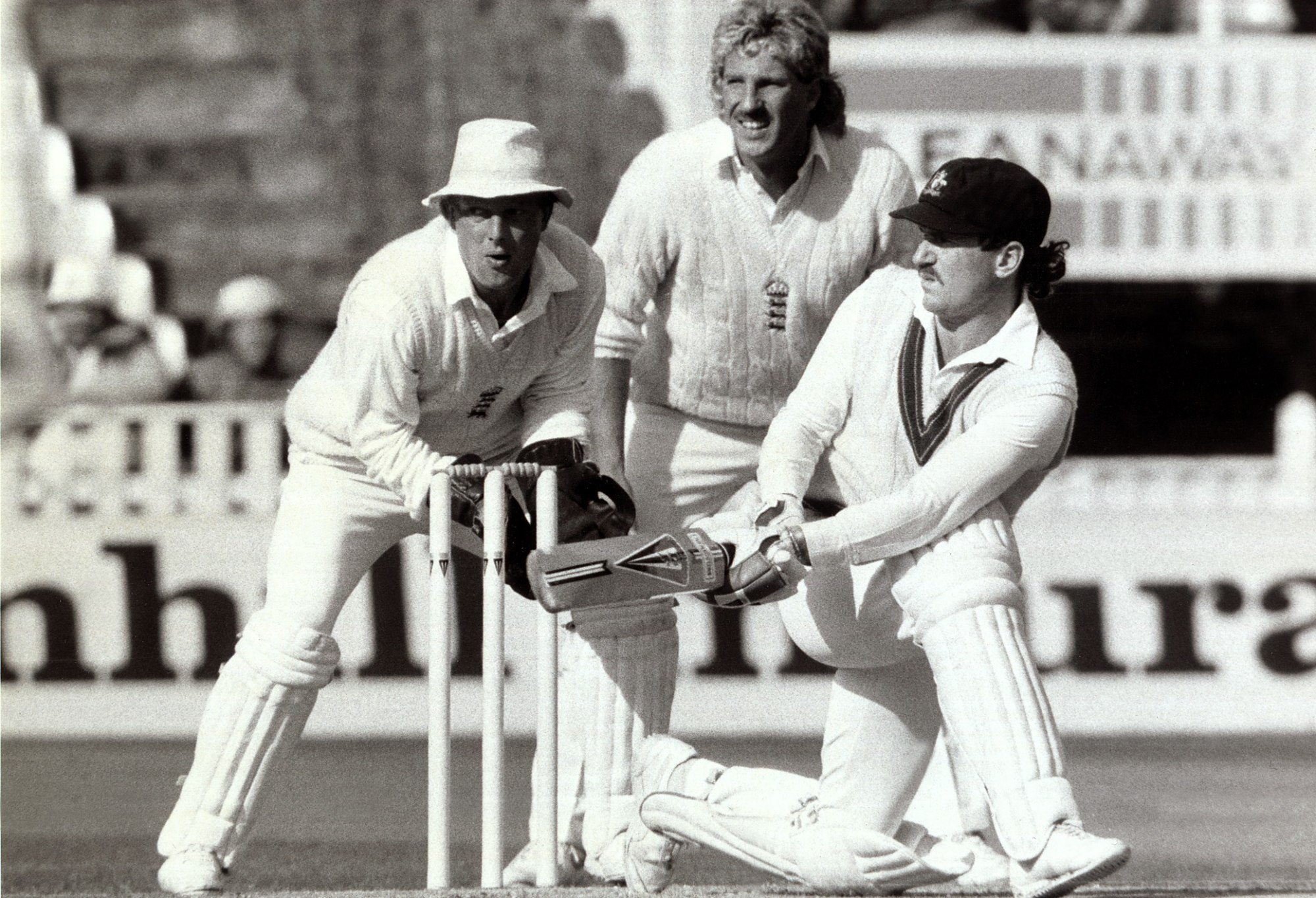 Paul Downton - England Cricket Player - August 1985 with Ian Botham. Australian captain, Allan Border, batting during the 5th Cornhill Test - at Edgbaston - England v Australia. (Photo by MSI/Mirrorpix/Getty Images)