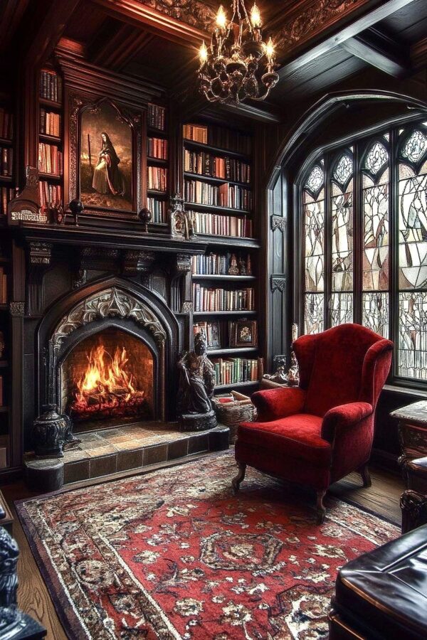 bookshelf near fireplace