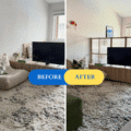 studio apartment living room with a DIY room divider screen separating the TV area from the bedroom