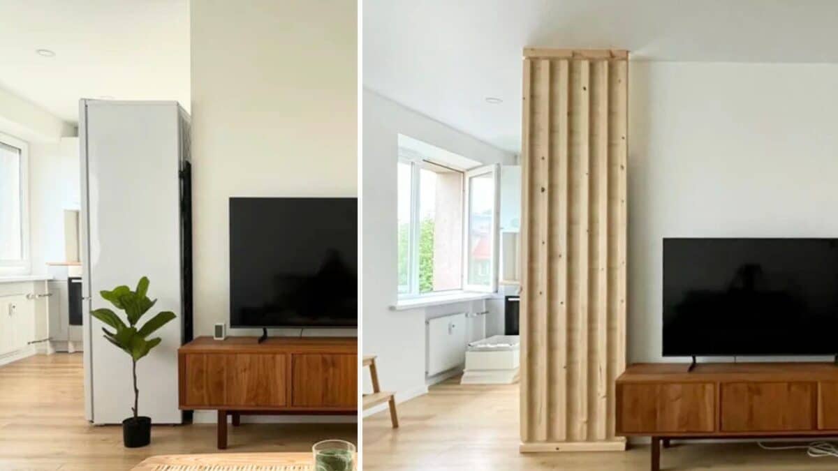 Before and After installation of DIY slatted wood wall panel