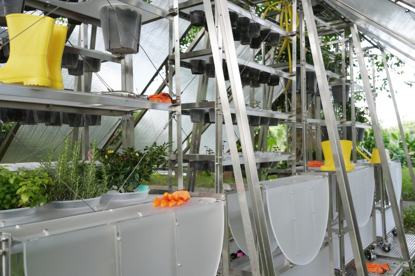 Fold-out tables and racks of flower pots by in a greenhouse