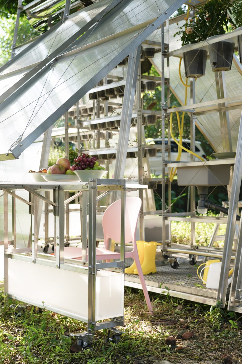 Interior of fold-out greenhouse