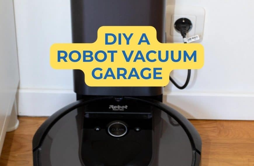 A robot vacuum with tower, text overlay says "diy a robot vacuum garage" and how to hide the robot vacuum