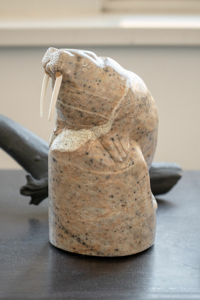 A polished stone sculpture of a walrus with white tusks sits on a dark surface, with a blurred background.