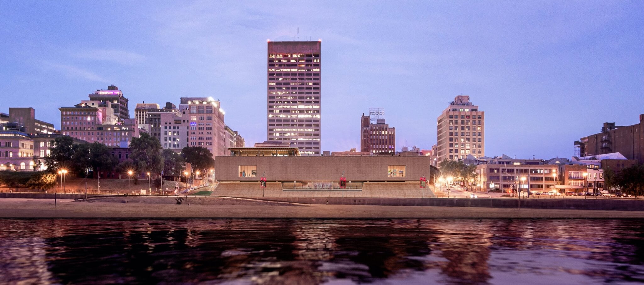 Rendering of exterior of the Memphis Books Museum of Art at dusk