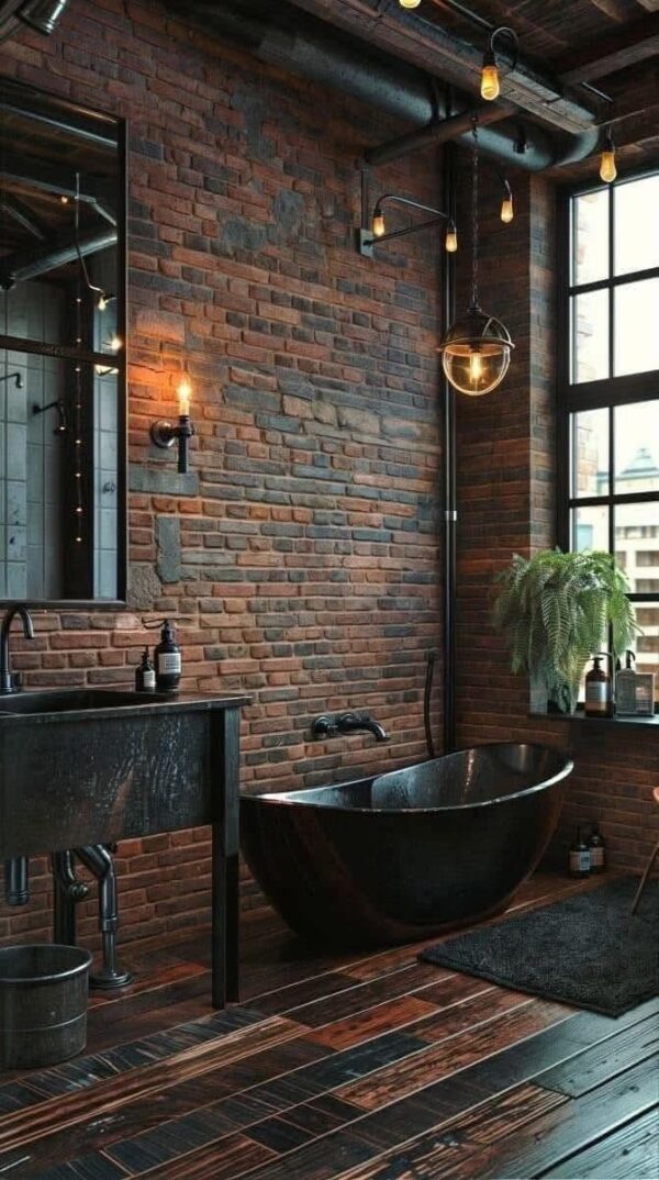 exposed brick dark bathroom