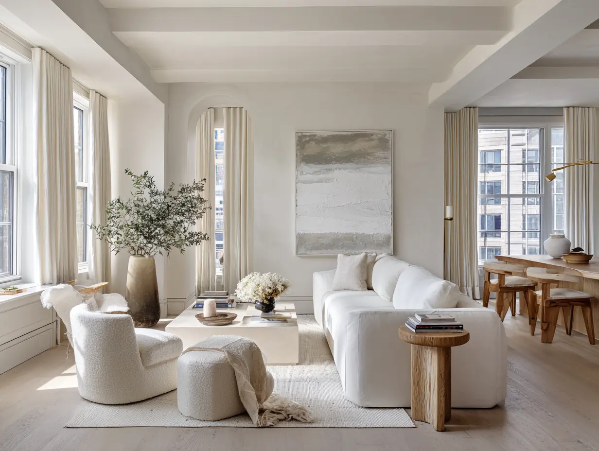 A white apartment room with Plaster walls, linen upholstery, brushed wood, natural stone, ceramic, and layered textiles.