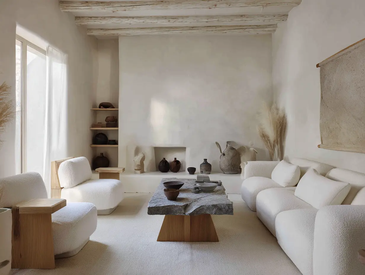 A white apartment room with Plaster walls, linen upholstery, brushed wood, natural stone, ceramic, and layered textiles.